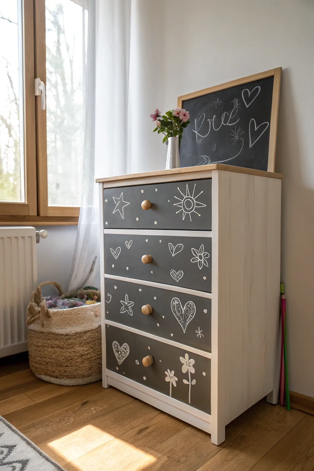A chic chalkboard-panel dresser for easy doodles, with clean Scandinavian calm and contrast
