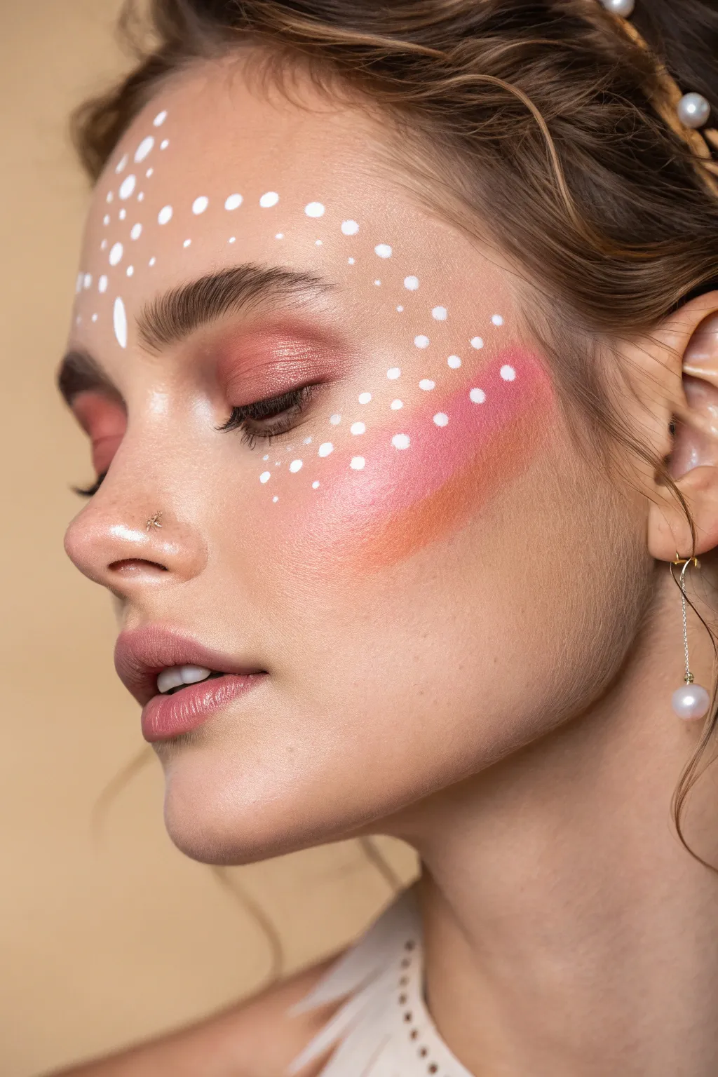Watercolor cheek wash with elegant drips and white dots, minimalist boho face paint idea
