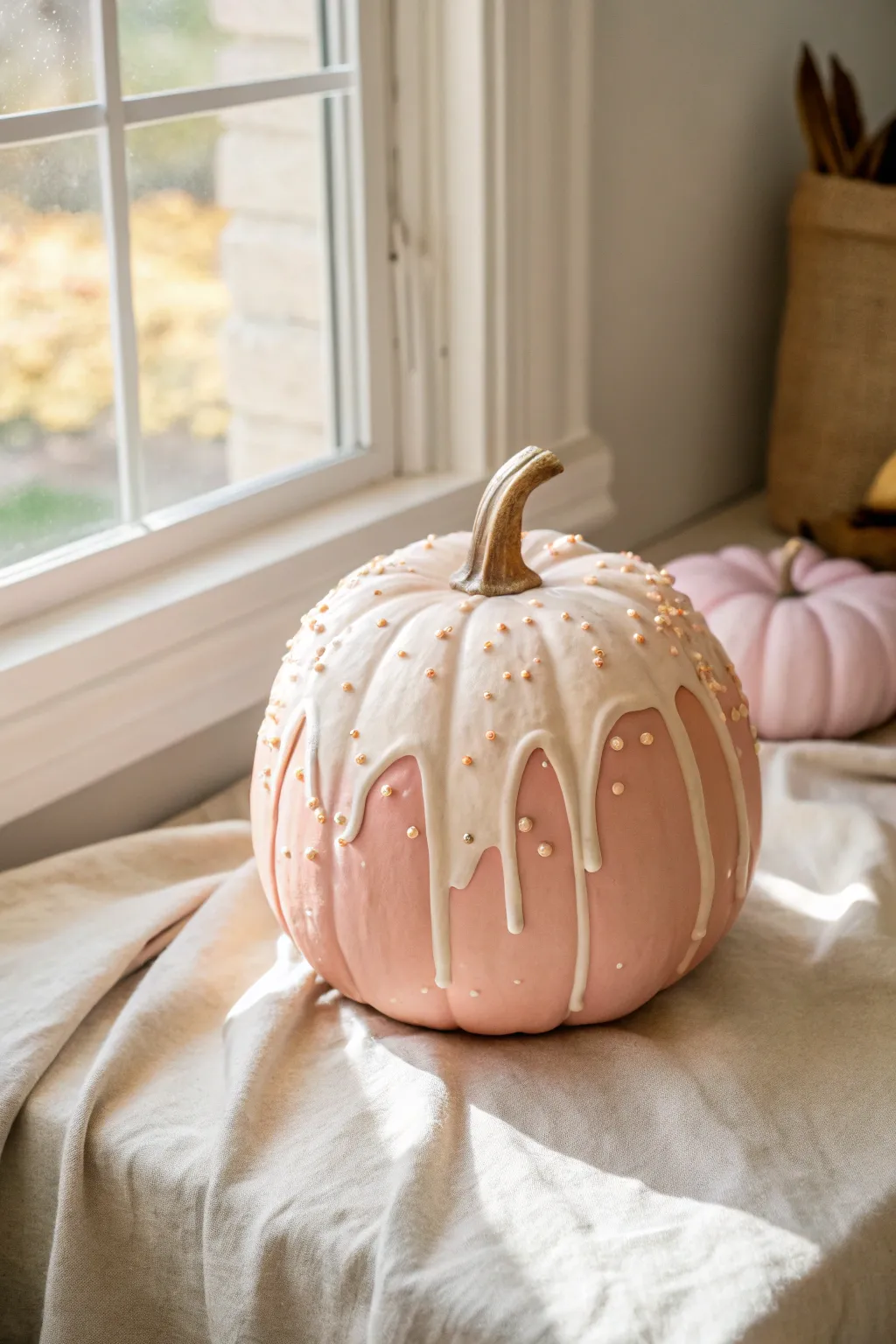 Dessert drip pumpkin in soft pink and vanilla, minimalist boho vibe for cozy fall crafting.