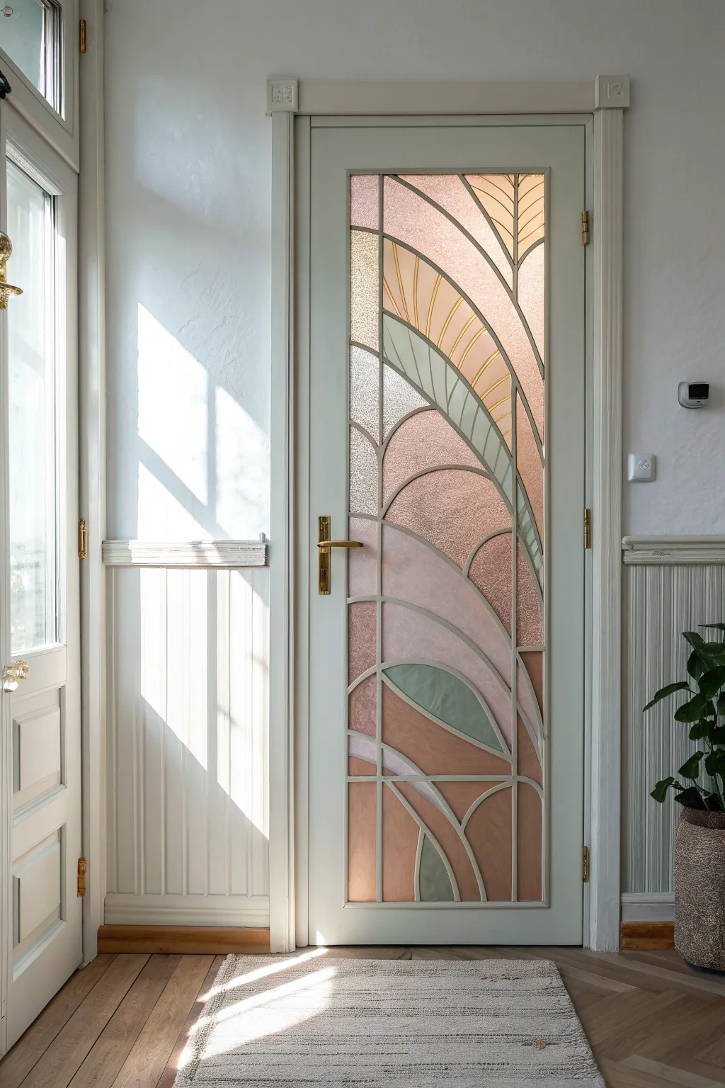 Translucent color blocks with delicate metallic lines turn a plain glass door into a soft glow.