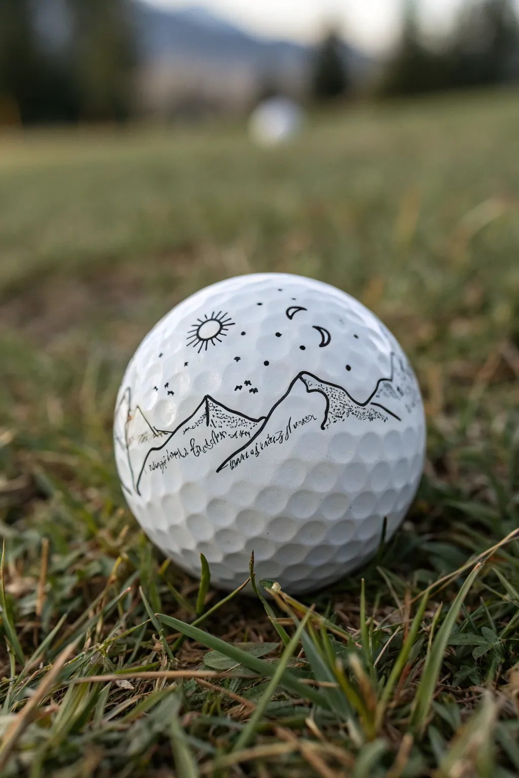 Tiny horizon and mountains wrap a golf ball, a clean Scandinavian-boho sketch idea.