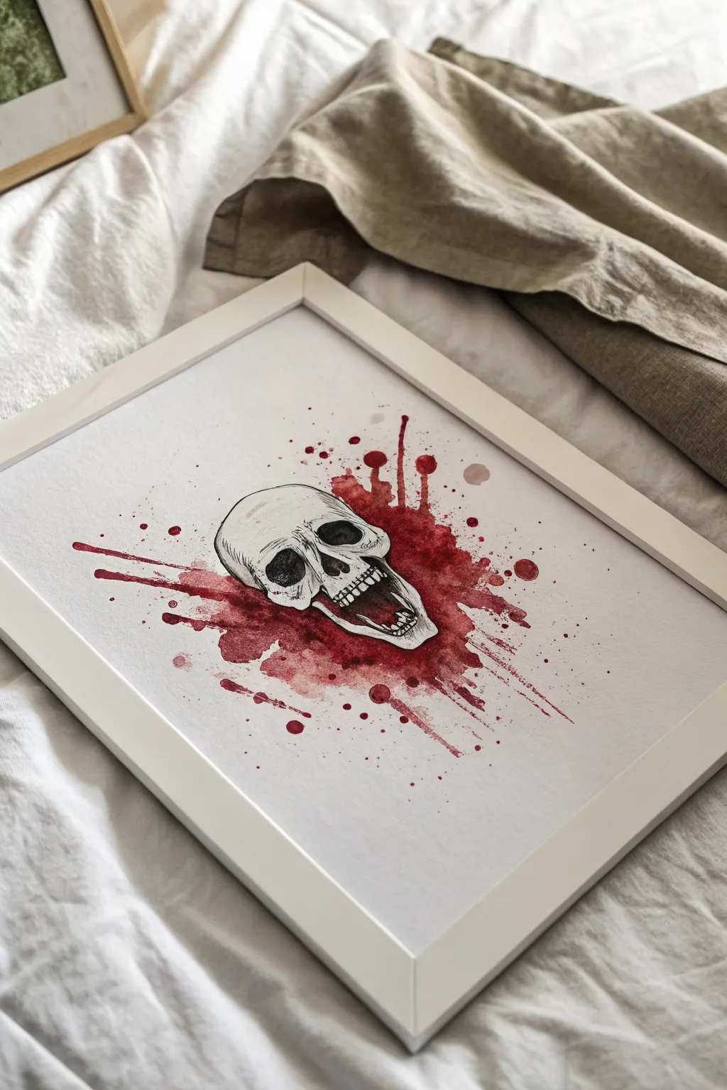 Abstract crimson splatter that reveals a haunting face, minimal paper study with clean space.