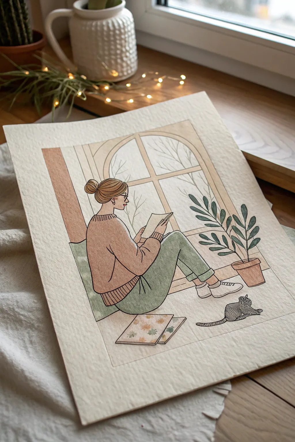 Lo-fi reading nook in gouache: a minimalist figure by the window, muted tones, cozy contrast
