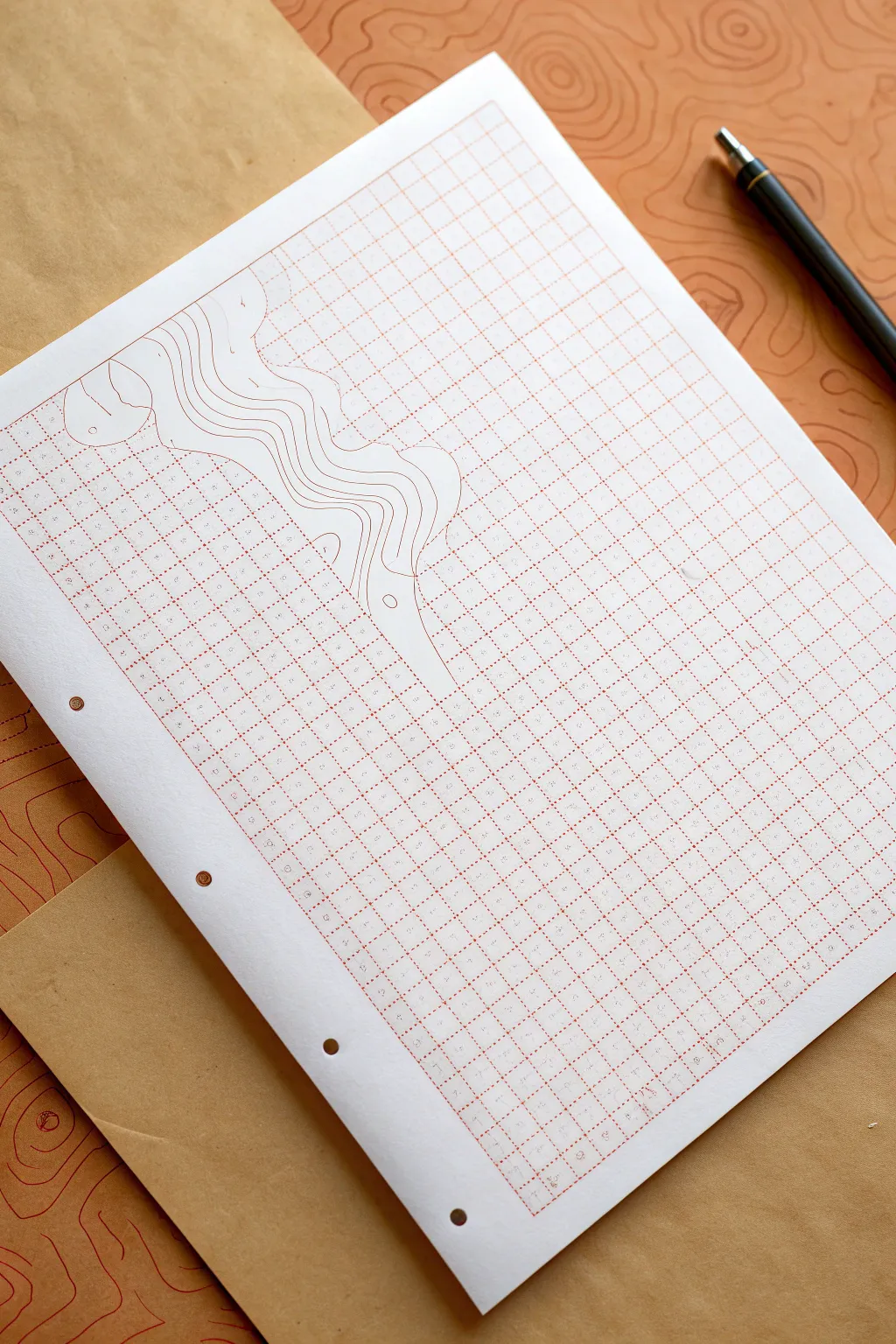 Minimalist contour-line topography on graph paper, mapped to the grid for easy drawing practice