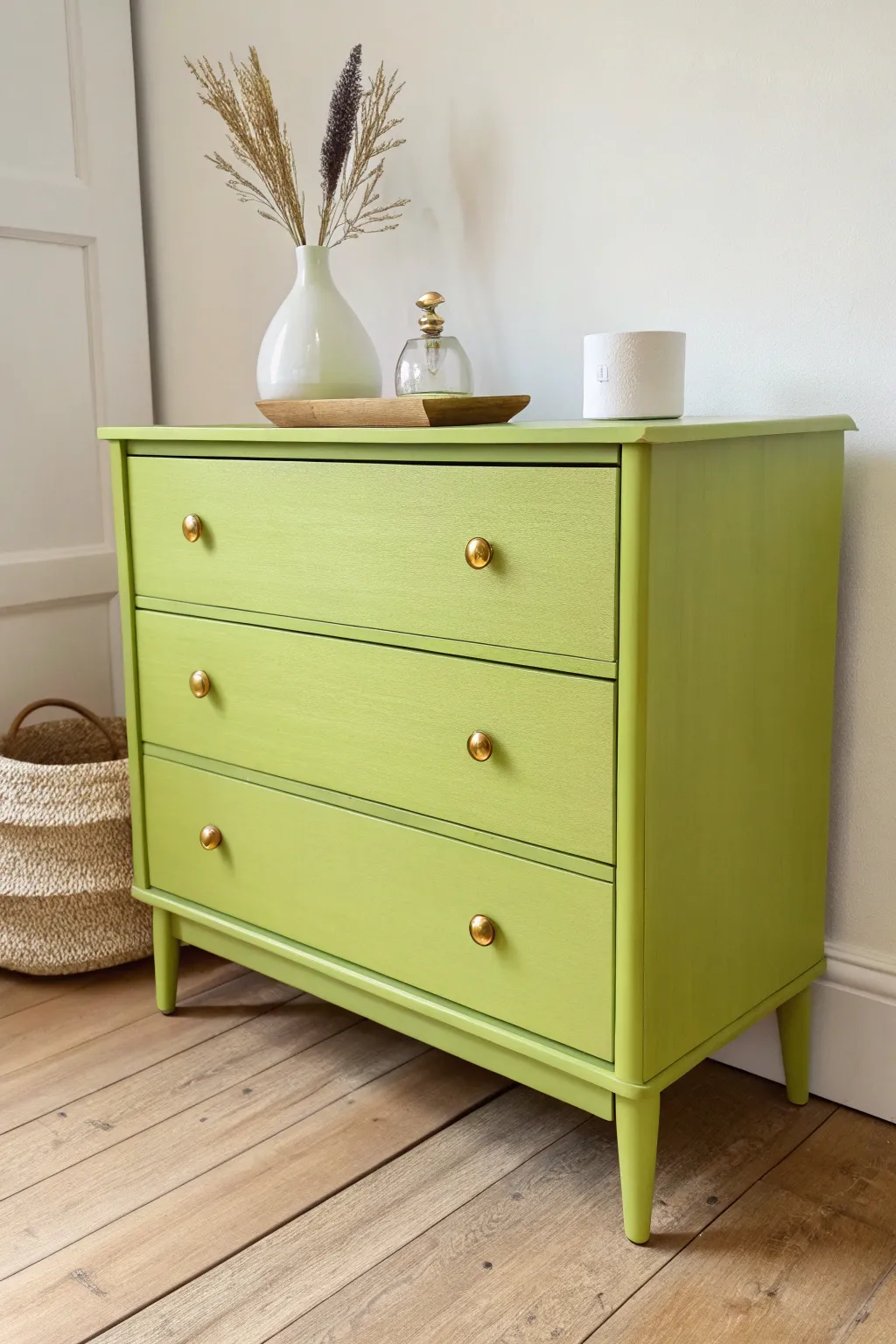 Retro lime green dresser brings playful energy to a calm minimalist boho corner.