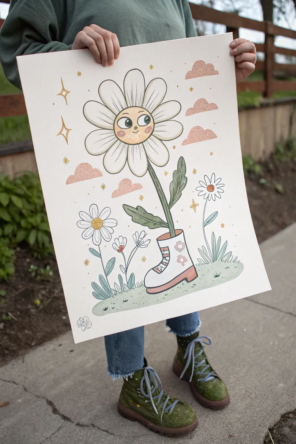 Groovy surreal flower character in chunky boots, minimalist boho palette and bold contrast