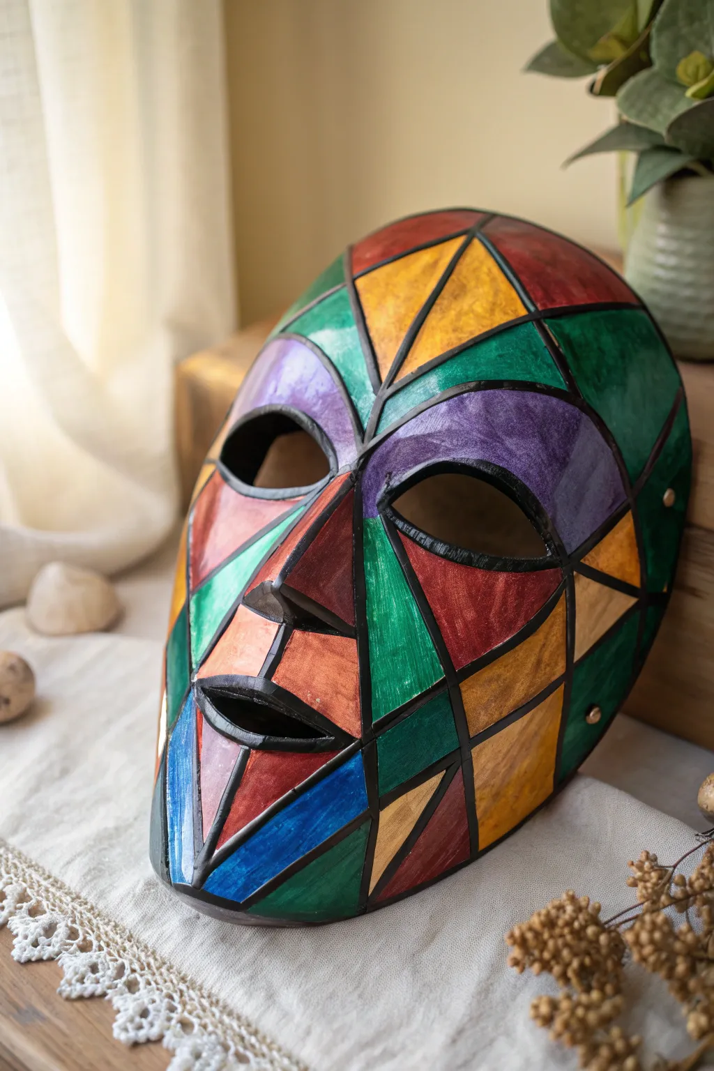 Stained-glass inspired Halloween mask with jewel-tone blocks and bold black leading lines.