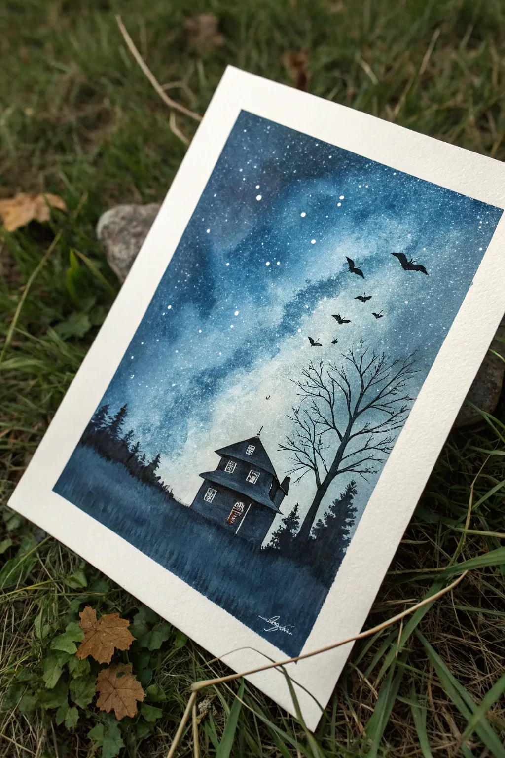 Salt-speckled watercolor night sky with simple silhouette, an easy Halloween painting for kids