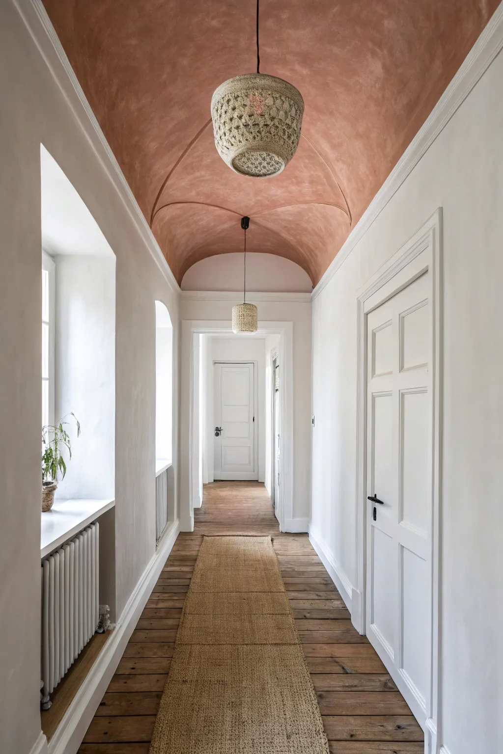 A softly tinted ceiling creates a cozy canopy effect, turning the fifth wall into decor.