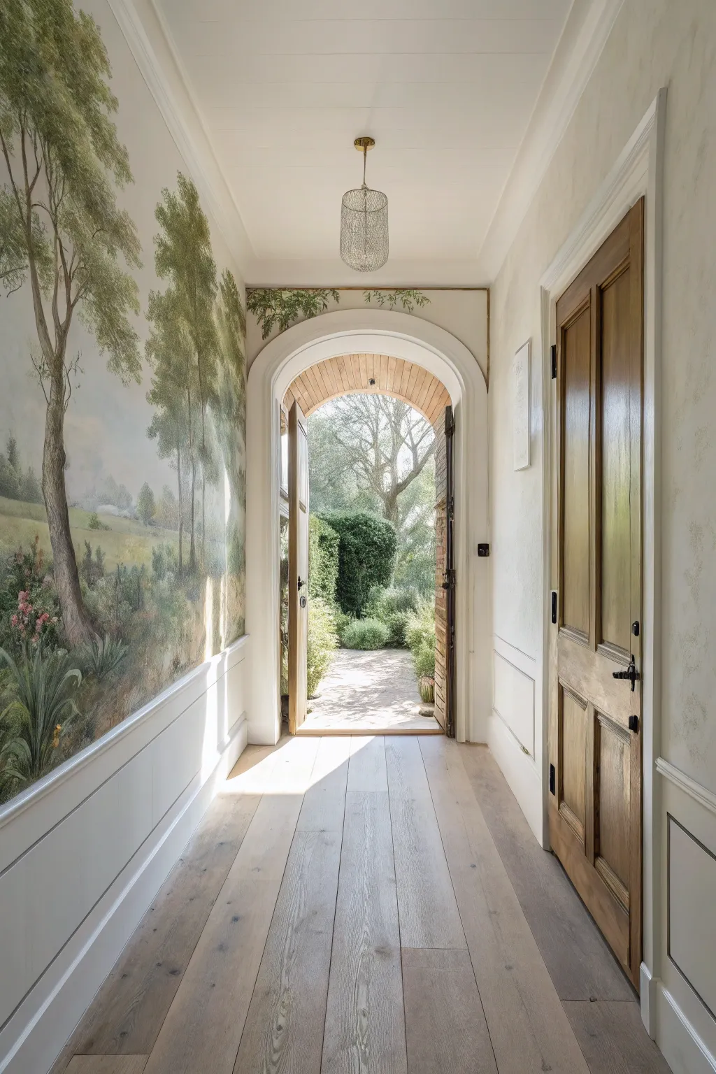 Hidden-nook Trompe Loeil doorway mural that turns a plain hallway wall into a garden escape.