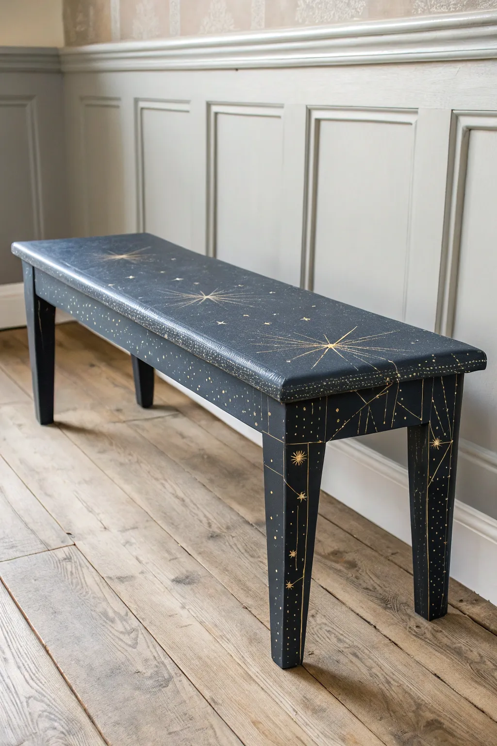 Glow-at-dusk constellation bench with subtle star shimmer, minimalist Scandinavian and boho craft