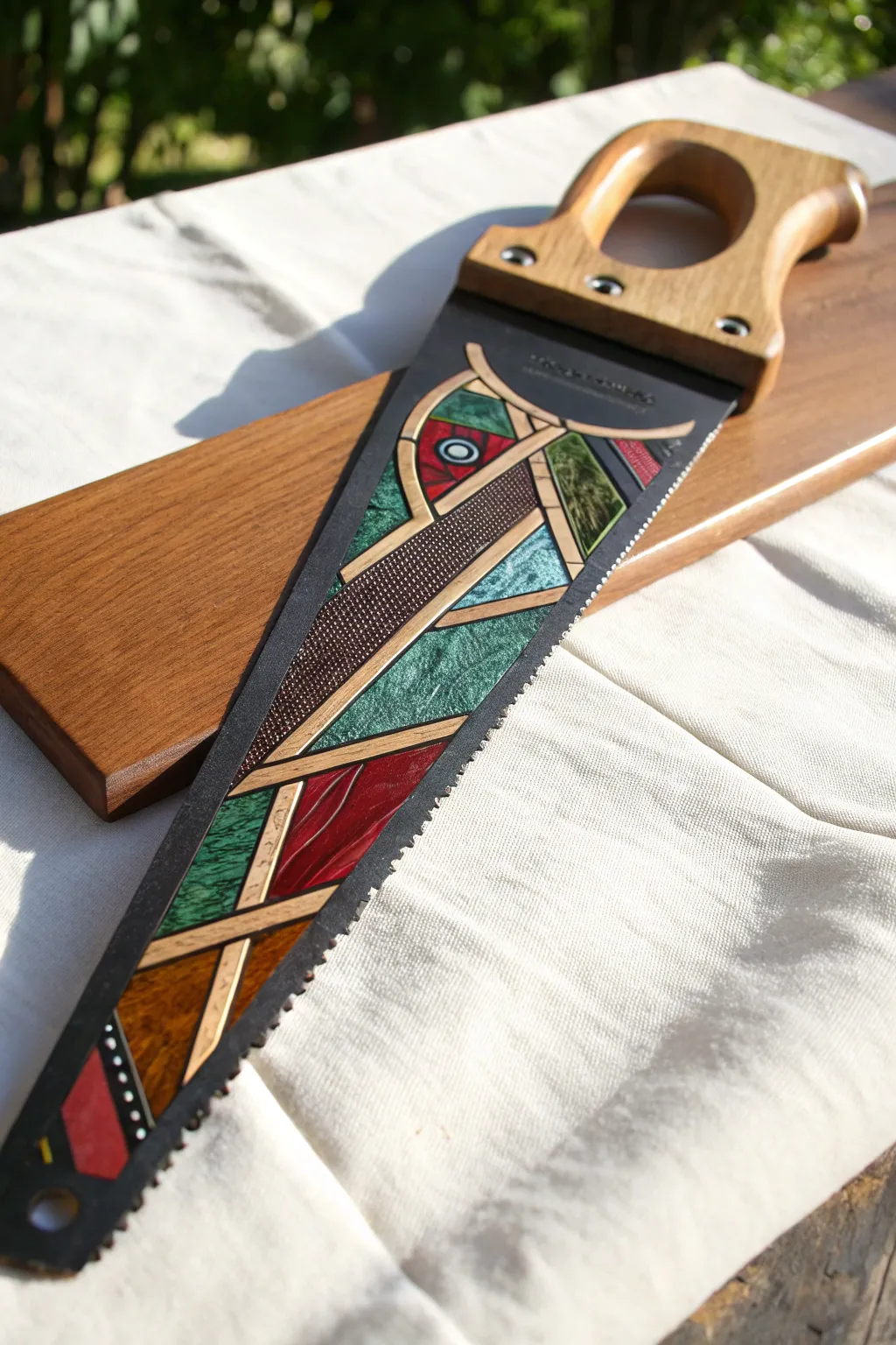 Faux stained glass hand saw art with bold black leading and jewel tones, minimalist boho vibe.