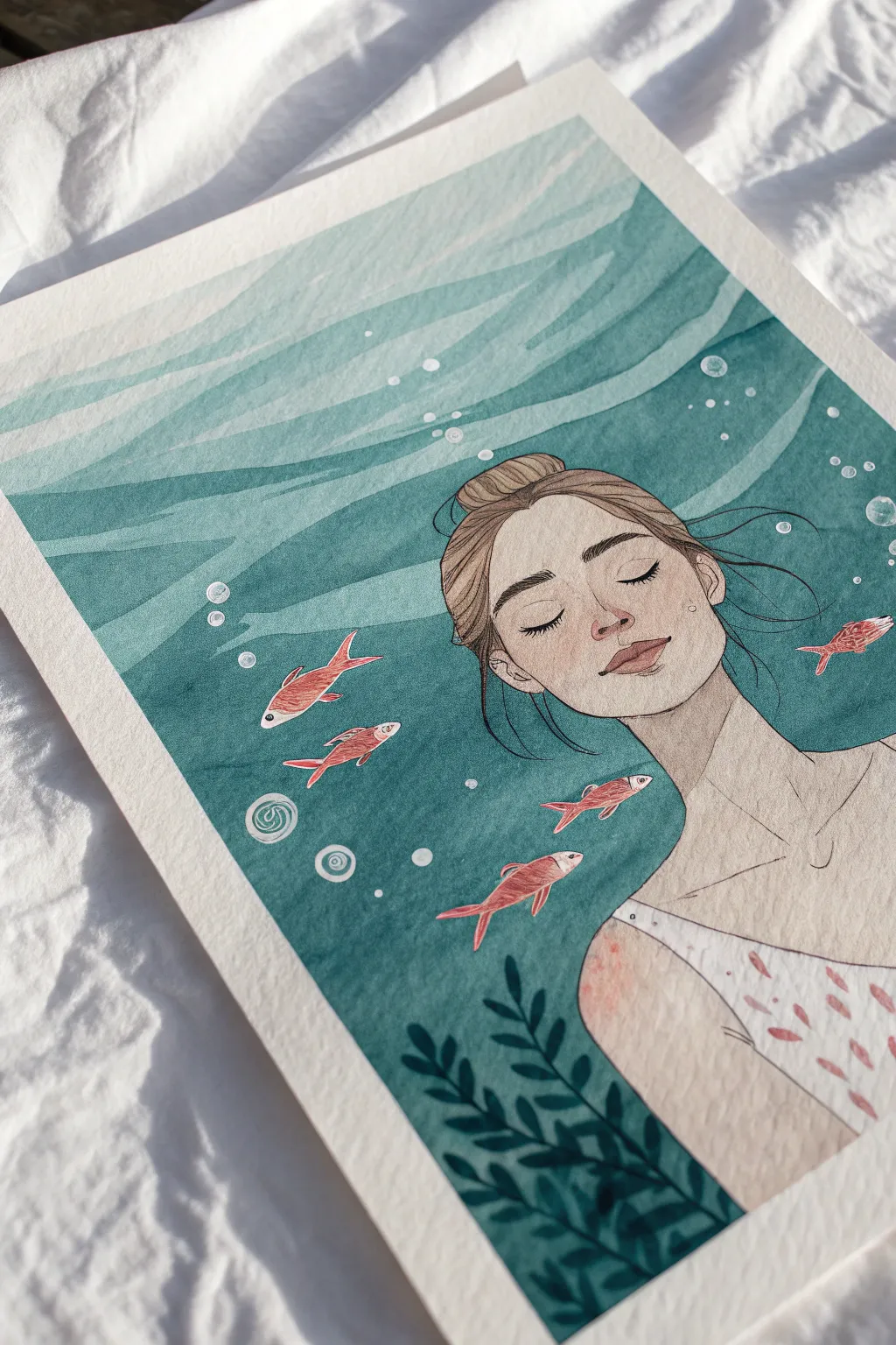 Surreal calm pool scene with fish-shaped bubbles, minimalist and dreamy happiness drawing idea