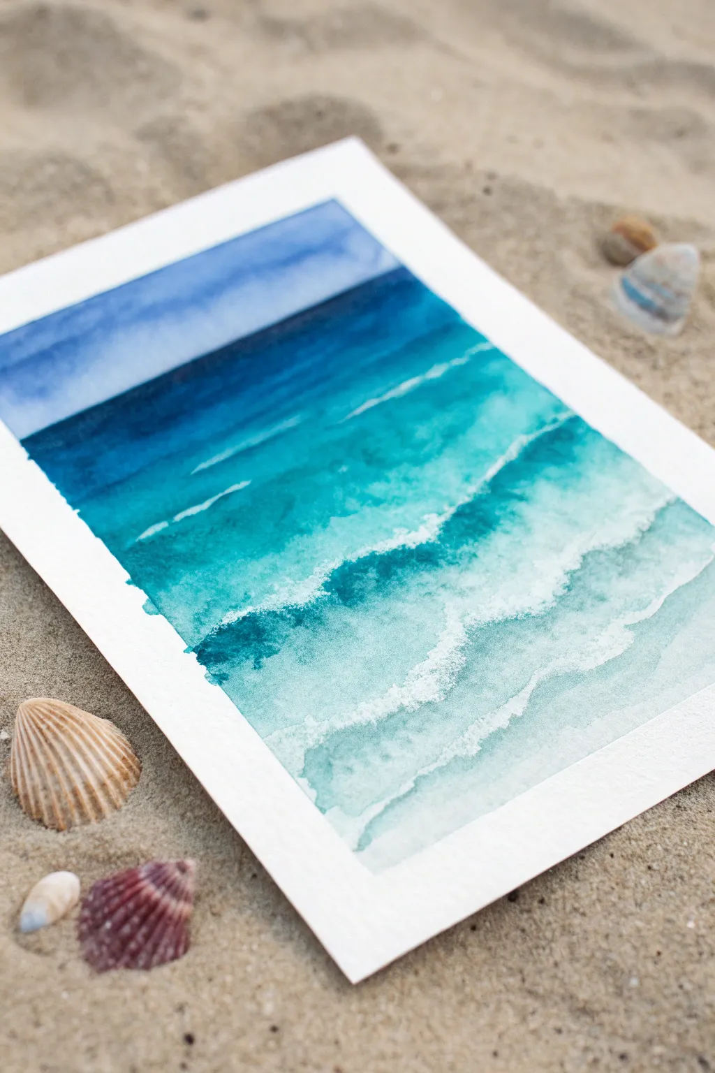 Turquoise-to-indigo ocean gradients, minimalist Hawaii watercolor art with soft wave marks