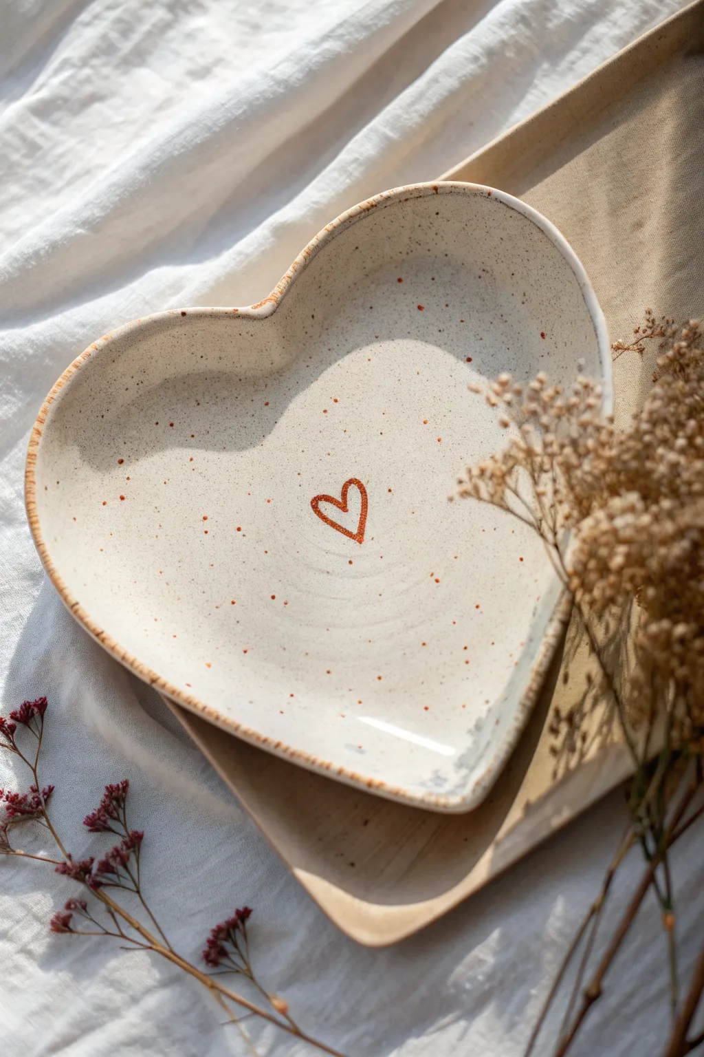 Close-up heart plate with tactile sponge speckles, minimalist Nordic boho colors and crisp contrast