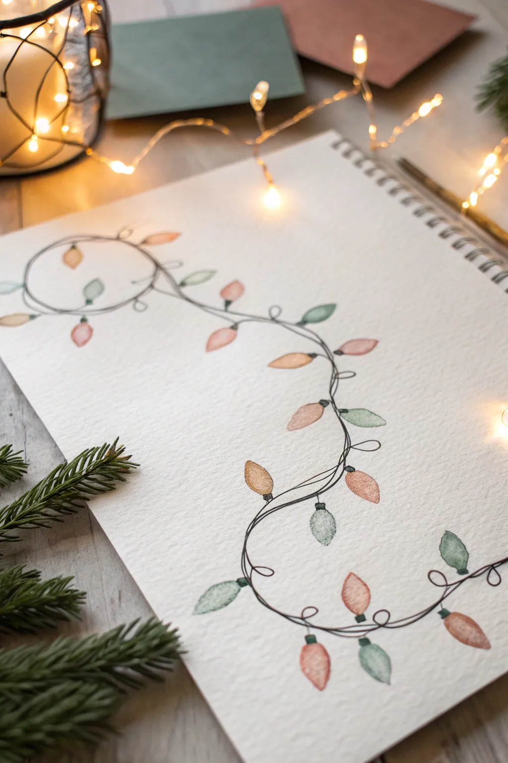 Holiday lights drawing idea: a simple looping garland with soft glow halos and clean contrast.