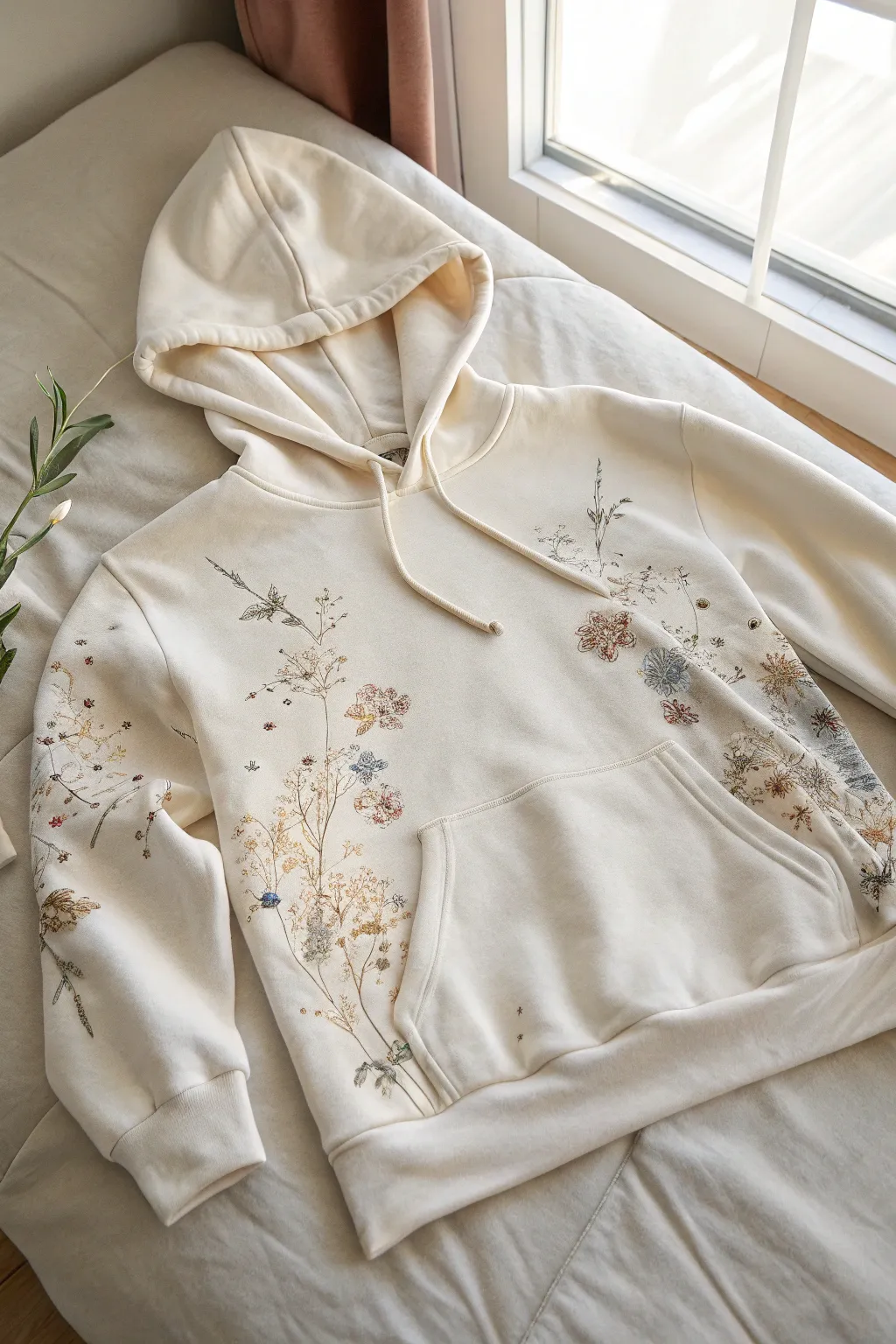 Matte florals with metallic shimmer turn a simple hoodie into a window-lit statement piece.