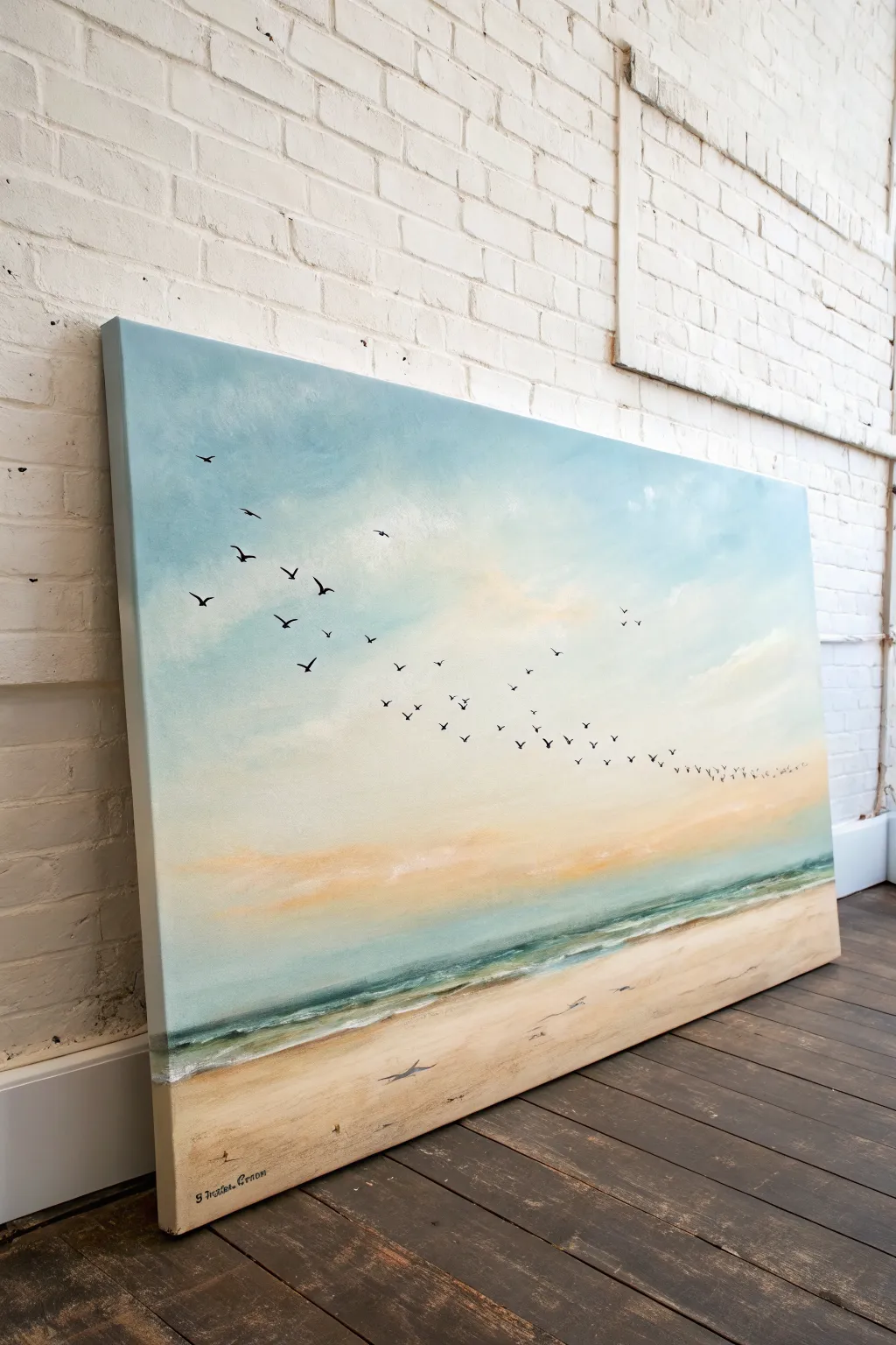 Horizontal sky canvas with a diagonal flock of birds for calm movement and minimalist boho style