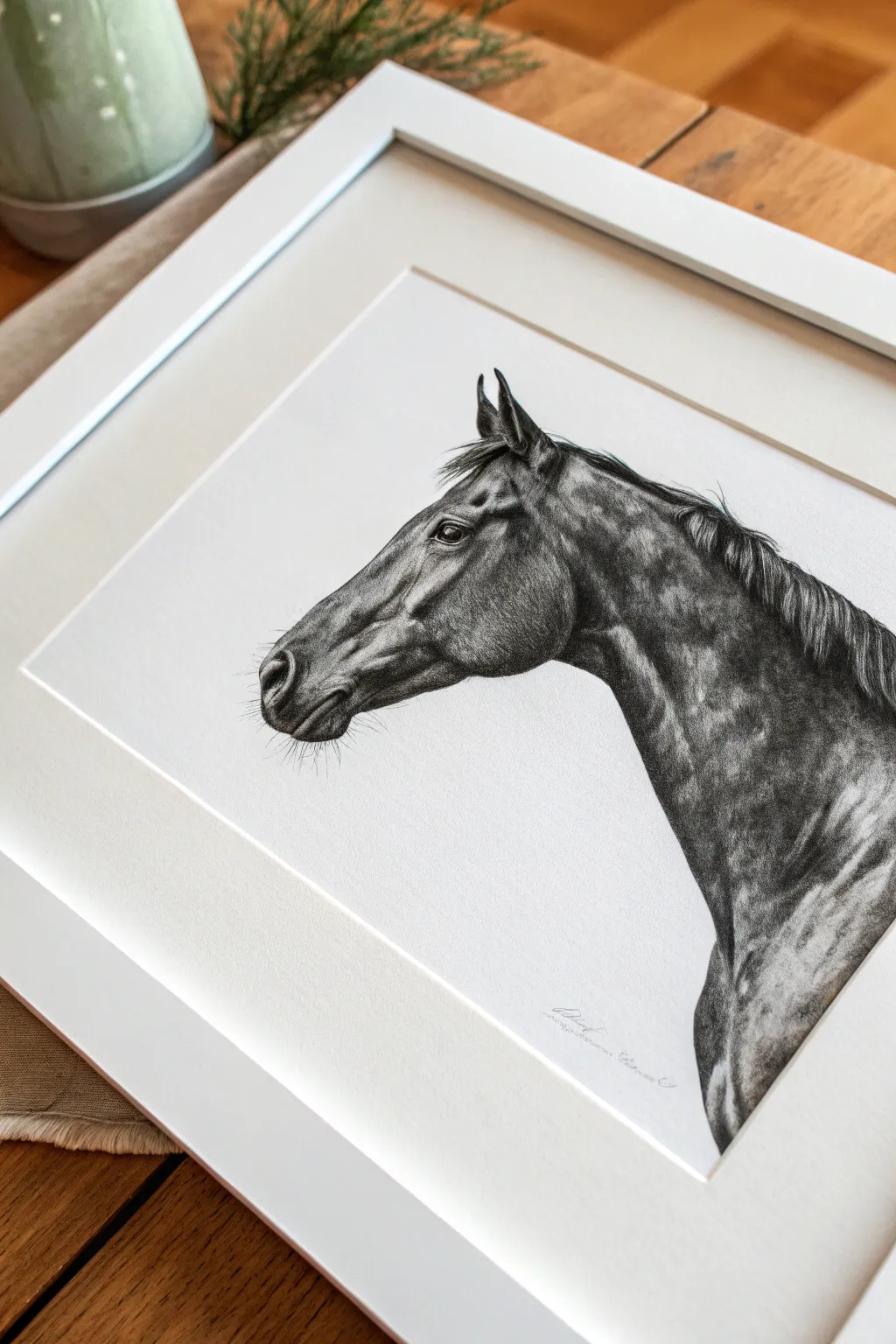 Bold charcoal horse portrait with deep shadows and soft smudged midtones for sculpted form