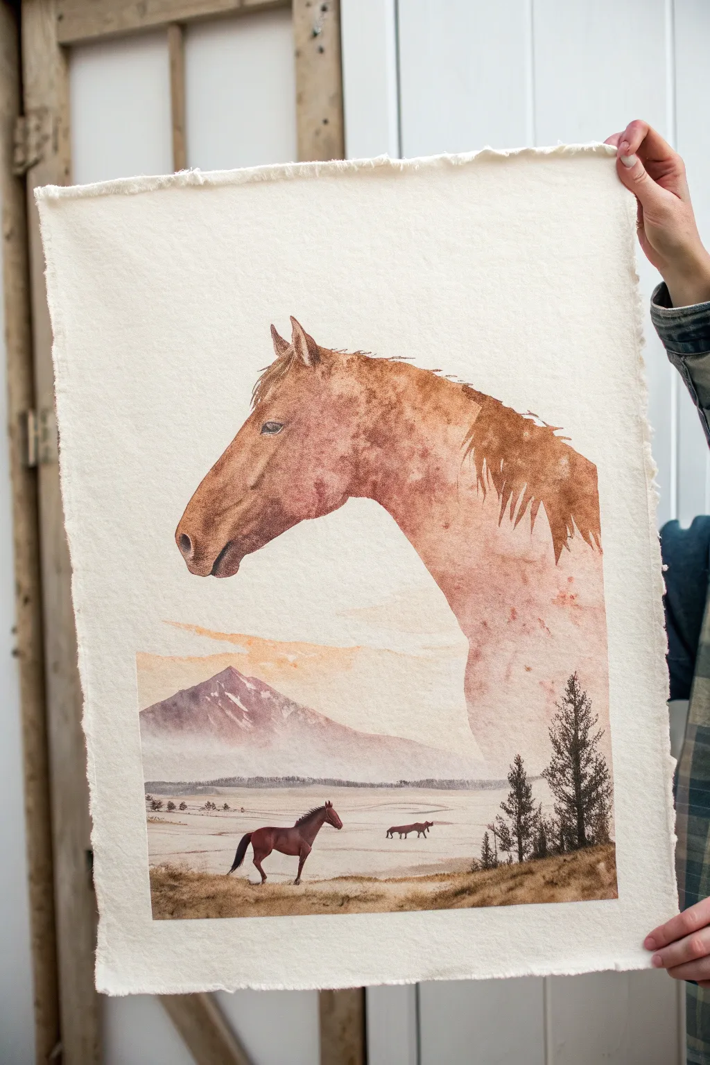 Minimal double exposure horse head with a running horse inside, soft boho tones and crisp contrast