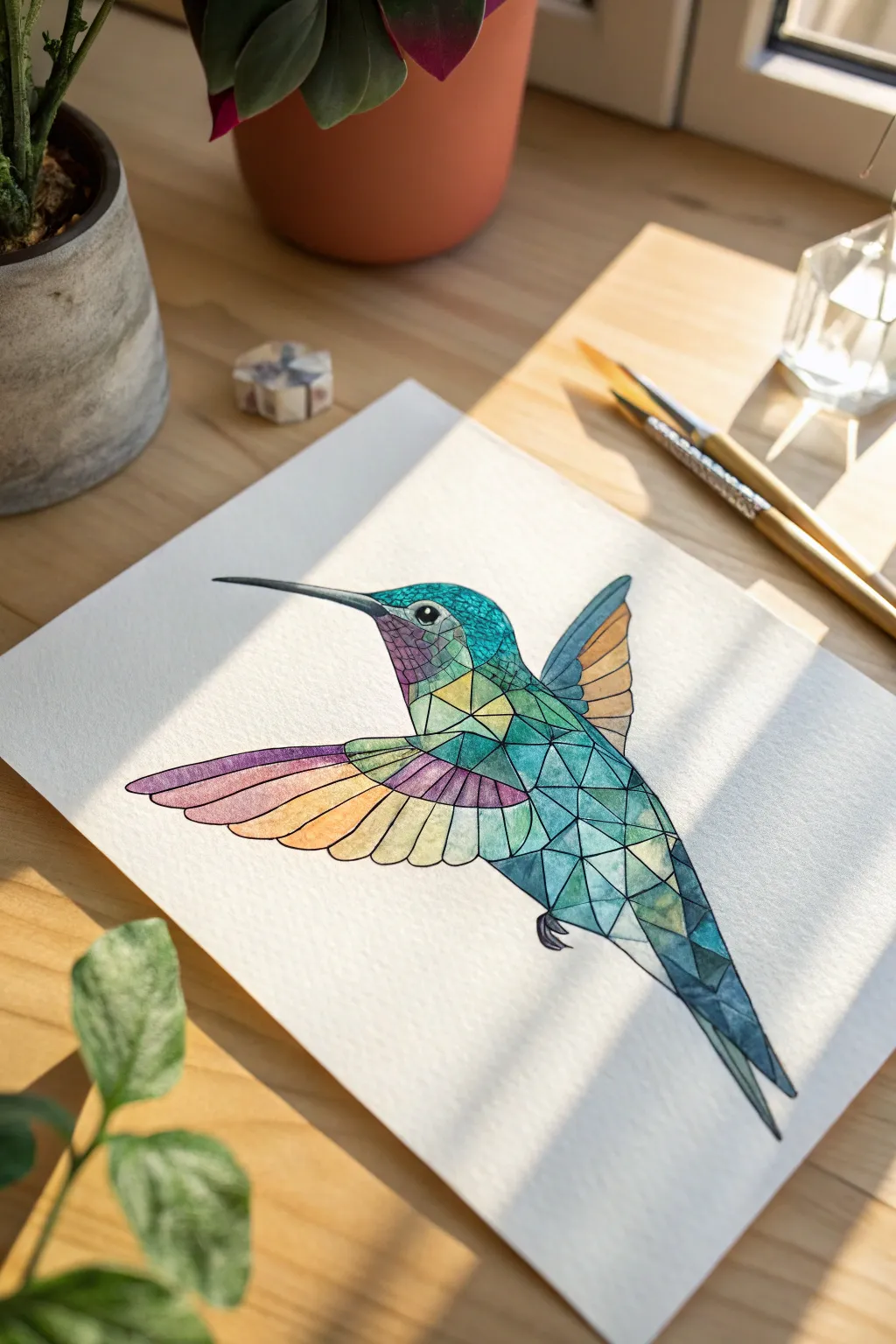 Geometric faceted hummingbird with iridescent gradients for a chic minimalist-boho painting idea.