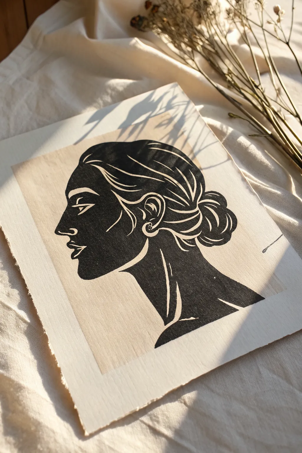 Bold profile linocut with strong shadows and simple carved highlights for minimalist inspiration