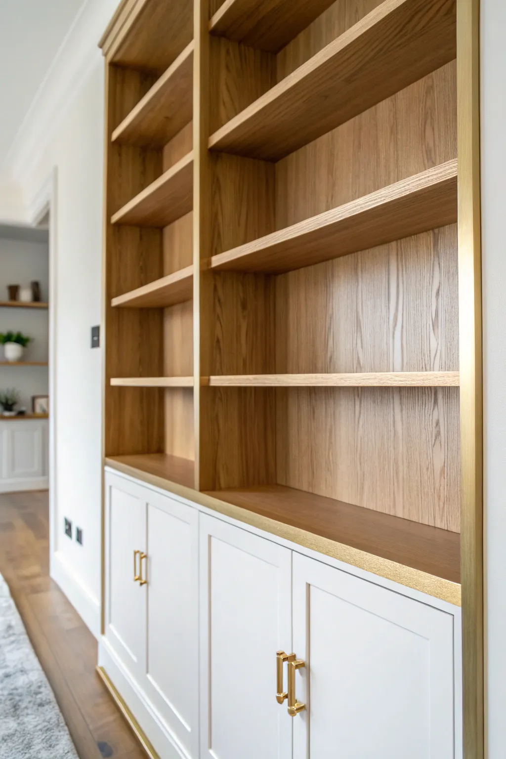 Refined metallic edging and a brushed brass pull add quiet luxury to minimalist built-ins.