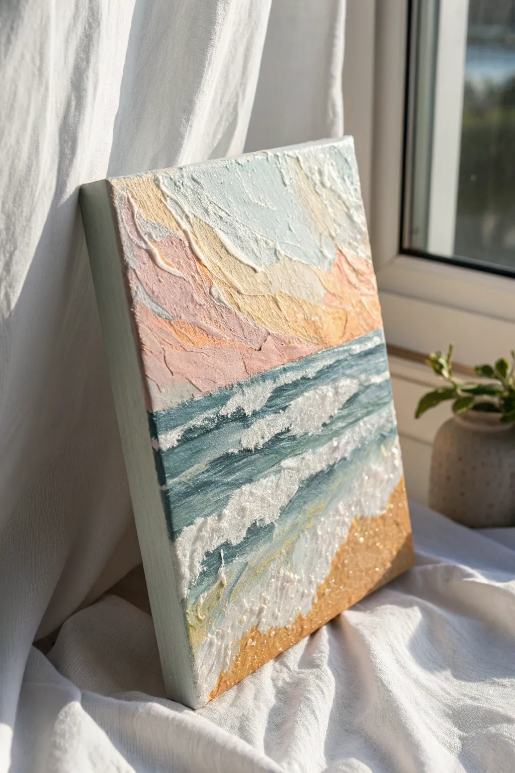 Sculptural impasto highlights with palette knife ridges that catch light like shimmering water