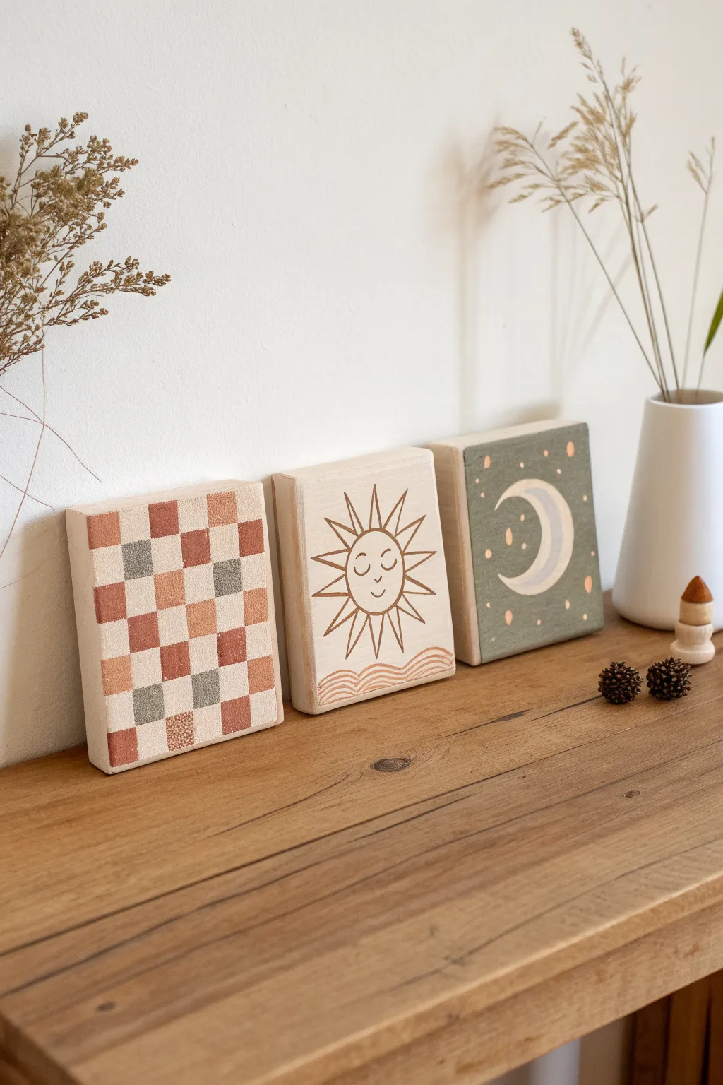 Three tiny canvases, one cozy indie palette: checkerboard, celestial face, and mushrooms.