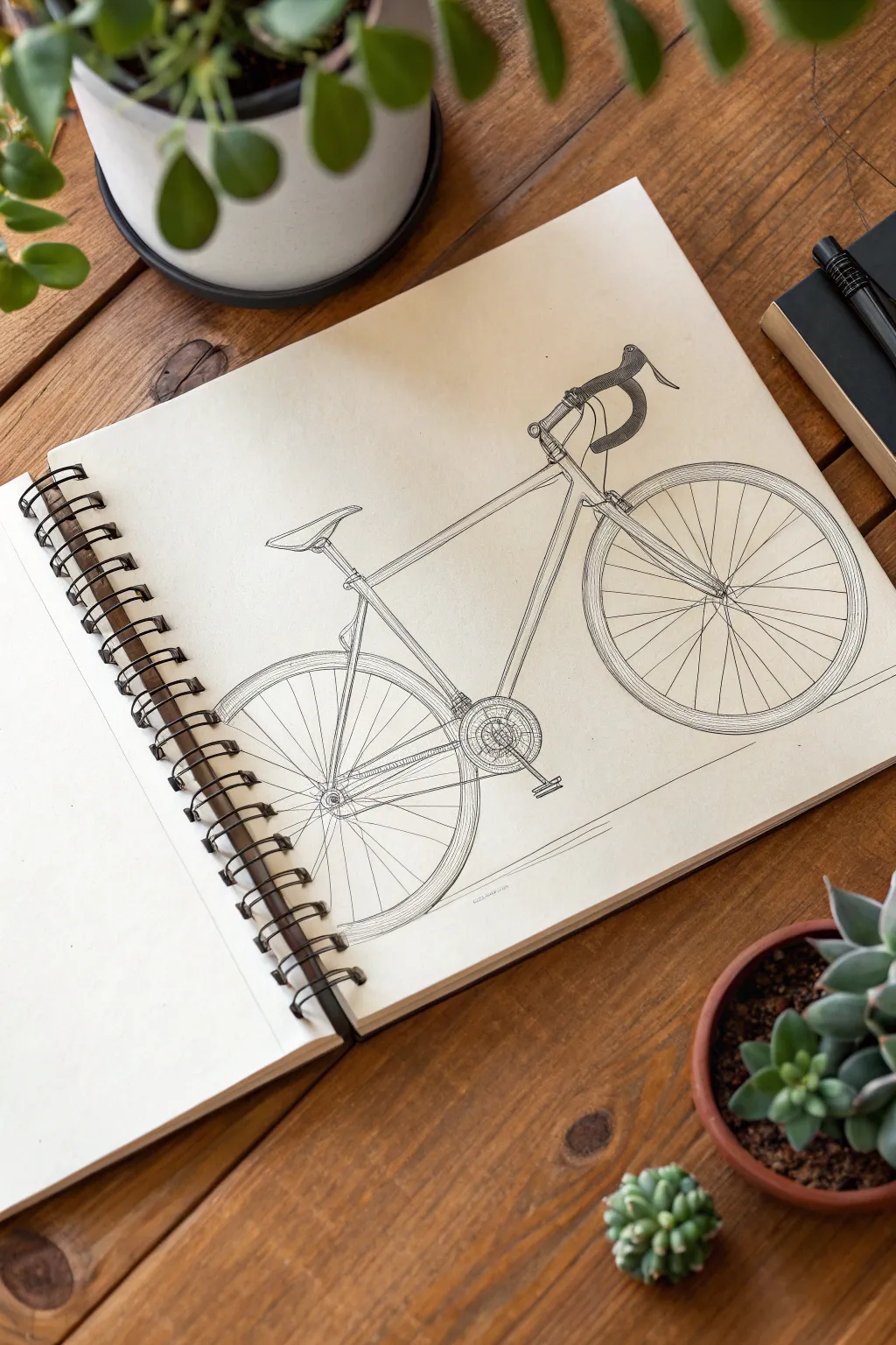 Practice ellipses and spokes with a minimalist bicycle construction drawing study.