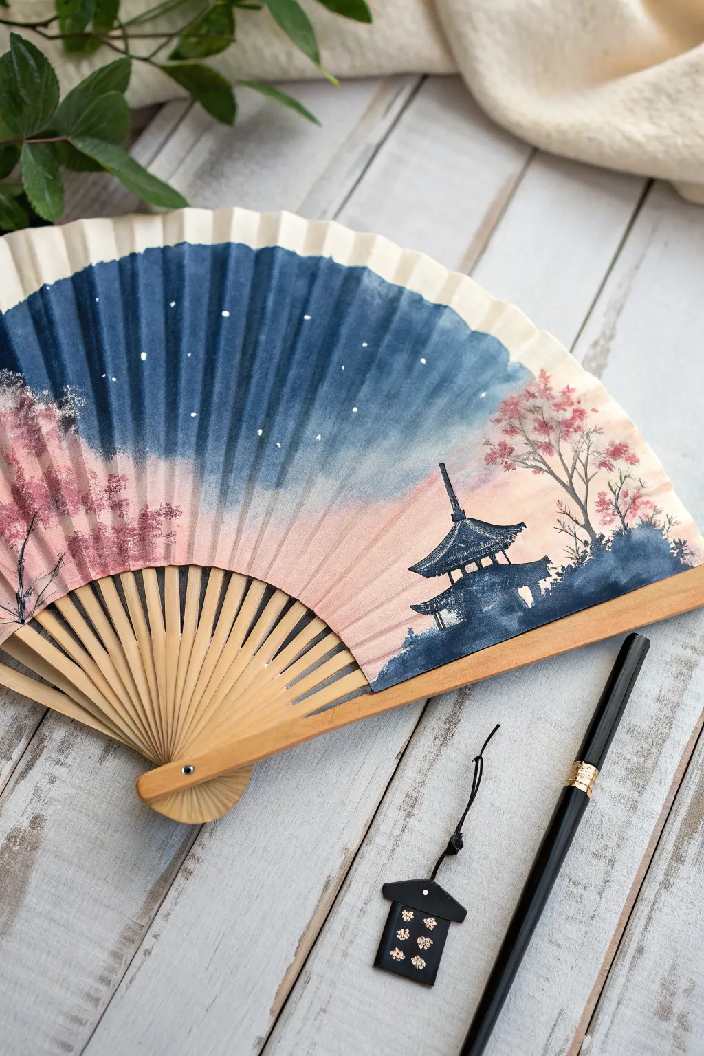 Sensu fan-shaped summer night scene with soft fireworks and a tiny torii, calm minimalist Japanese mood
