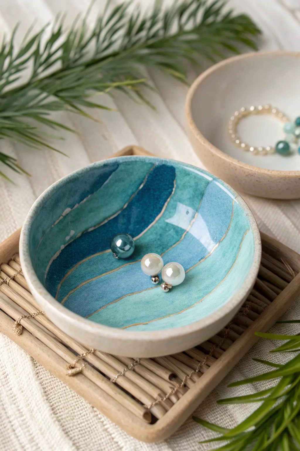 Ocean-wave gradient jewelry dish with pearl earrings, minimalist coastal boho charm
