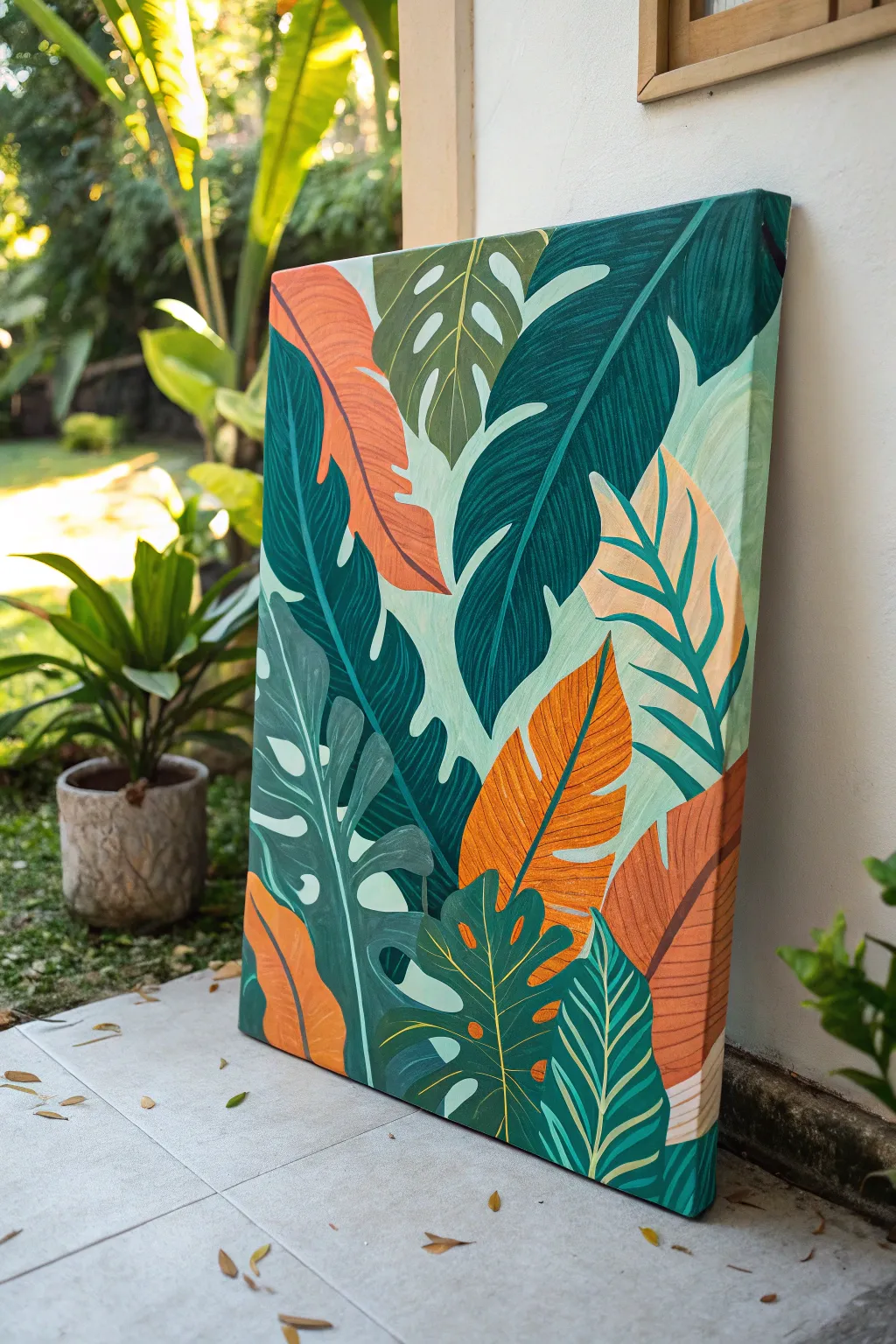 Abstract jungle color blocks in bold greens with teal and warm orange for modern boho minimal vibes