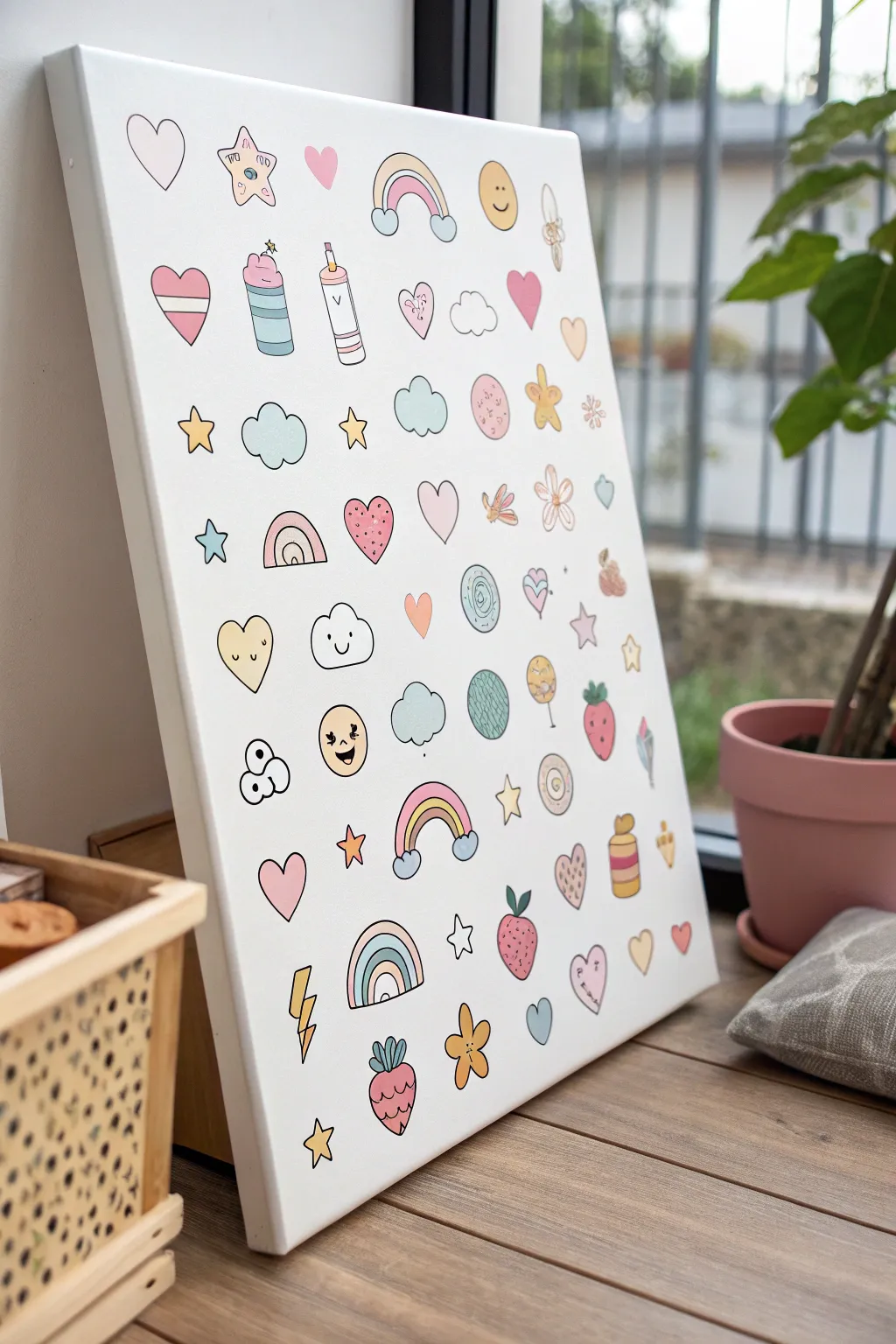 Kawaii sticker-sheet canvas with crisp outlines, pastel icons, and clean white sticker borders