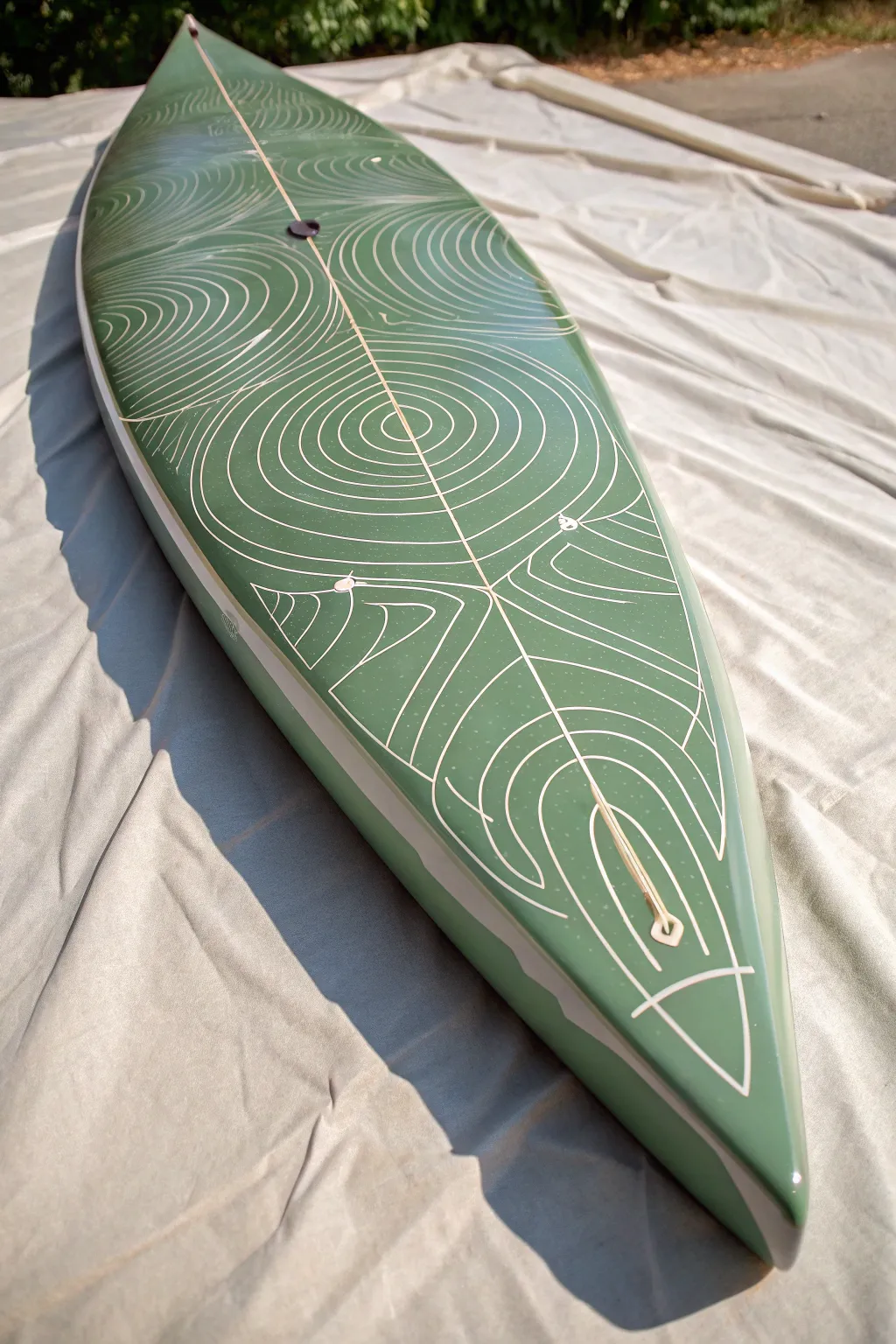 Topo map line kayak hull in sage and cream, minimalist boho craft vibes for painting inspiration