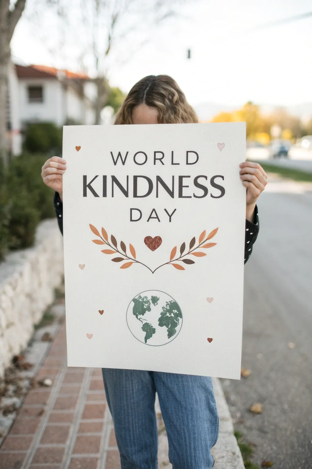 Minimal World Kindness Day poster with bold hand-lettering and a sweet heart-globe motif.