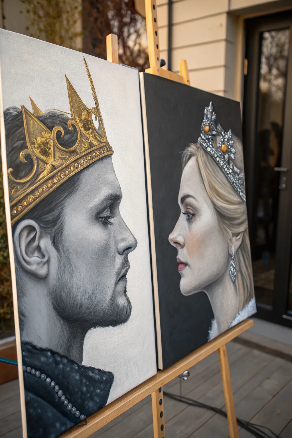 Split-face king and queen canvas idea with minimalist crowns and bold, dramatic contrast