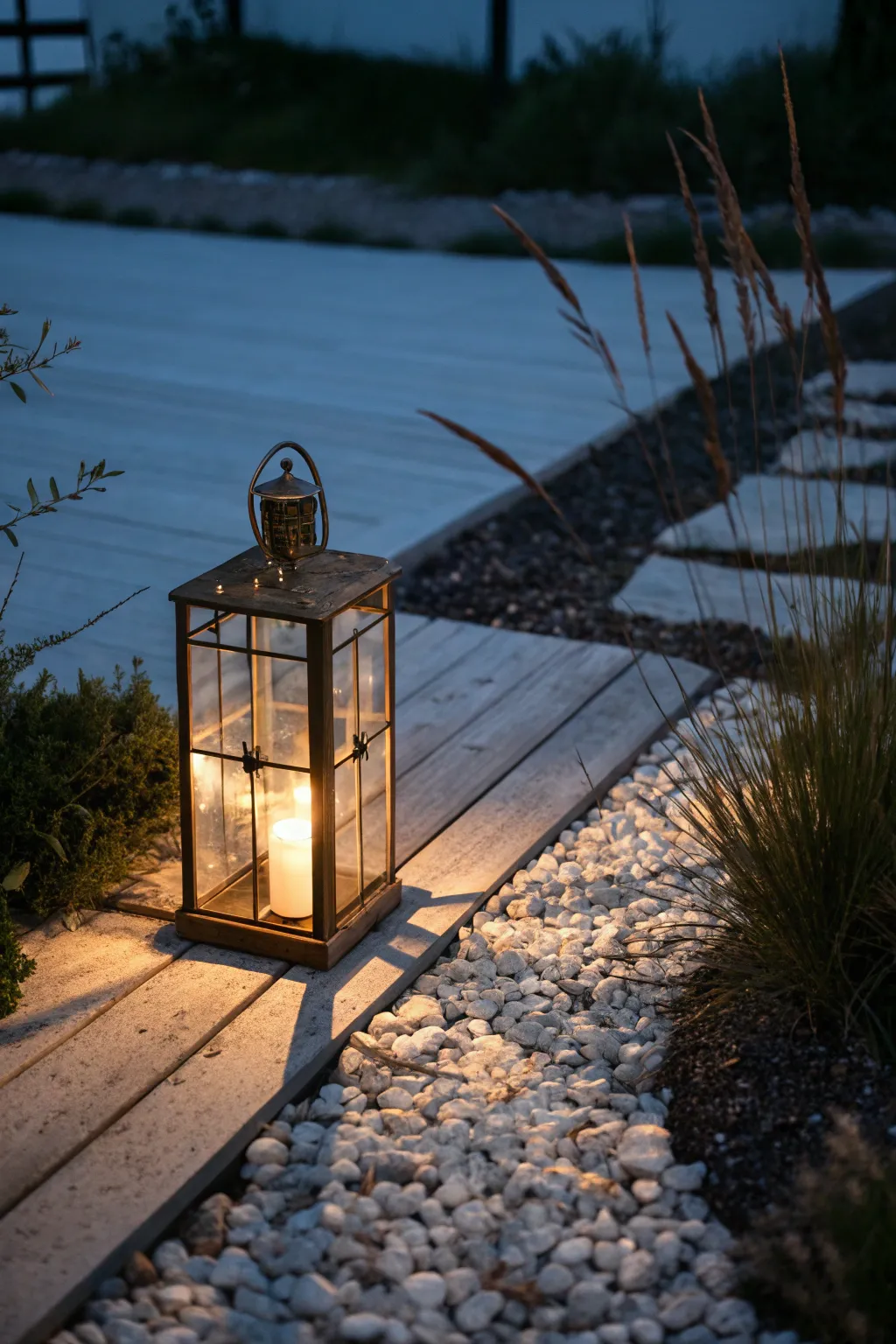 Warm path light glowing on a quiet night walkway, minimalist shadows and cozy cinematic contrast
