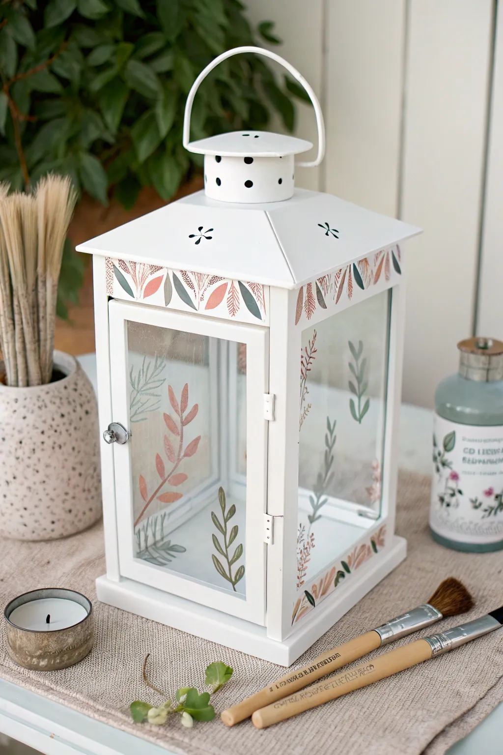 Minimal hand-painted lantern panels with simple patterns for a calm Scandinavian boho DIY look