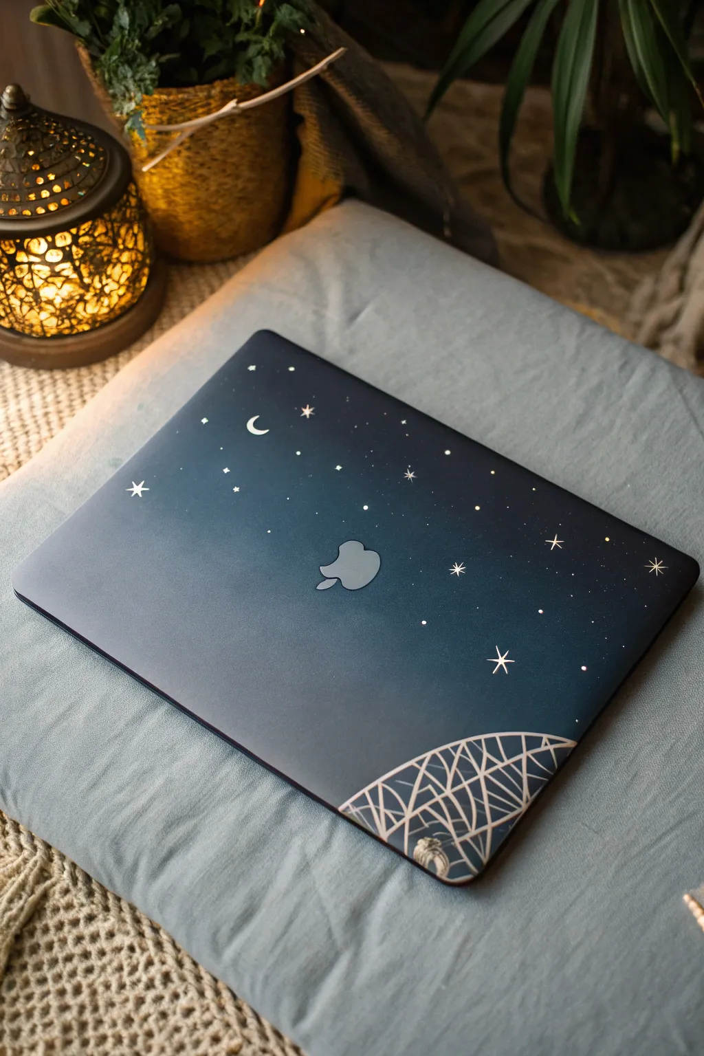 Minimal painted laptop lid with glow-style linework and tiny symbols on a moody, dark base.