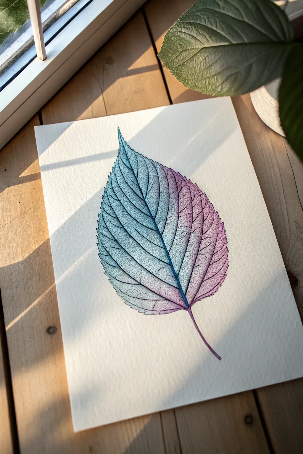 Unexpected-color leaf sketch in cool blue-purple ombré with crisp veins, minimalist boho vibe