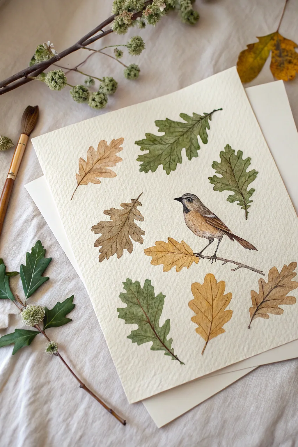 Playful birds from leaf prints on textured paper, minimalist boho palette, crisp contrast