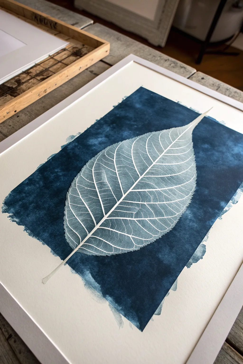 Ghost leaves emerge in a deep wash as wax resist reveals delicate glowing silhouettes.