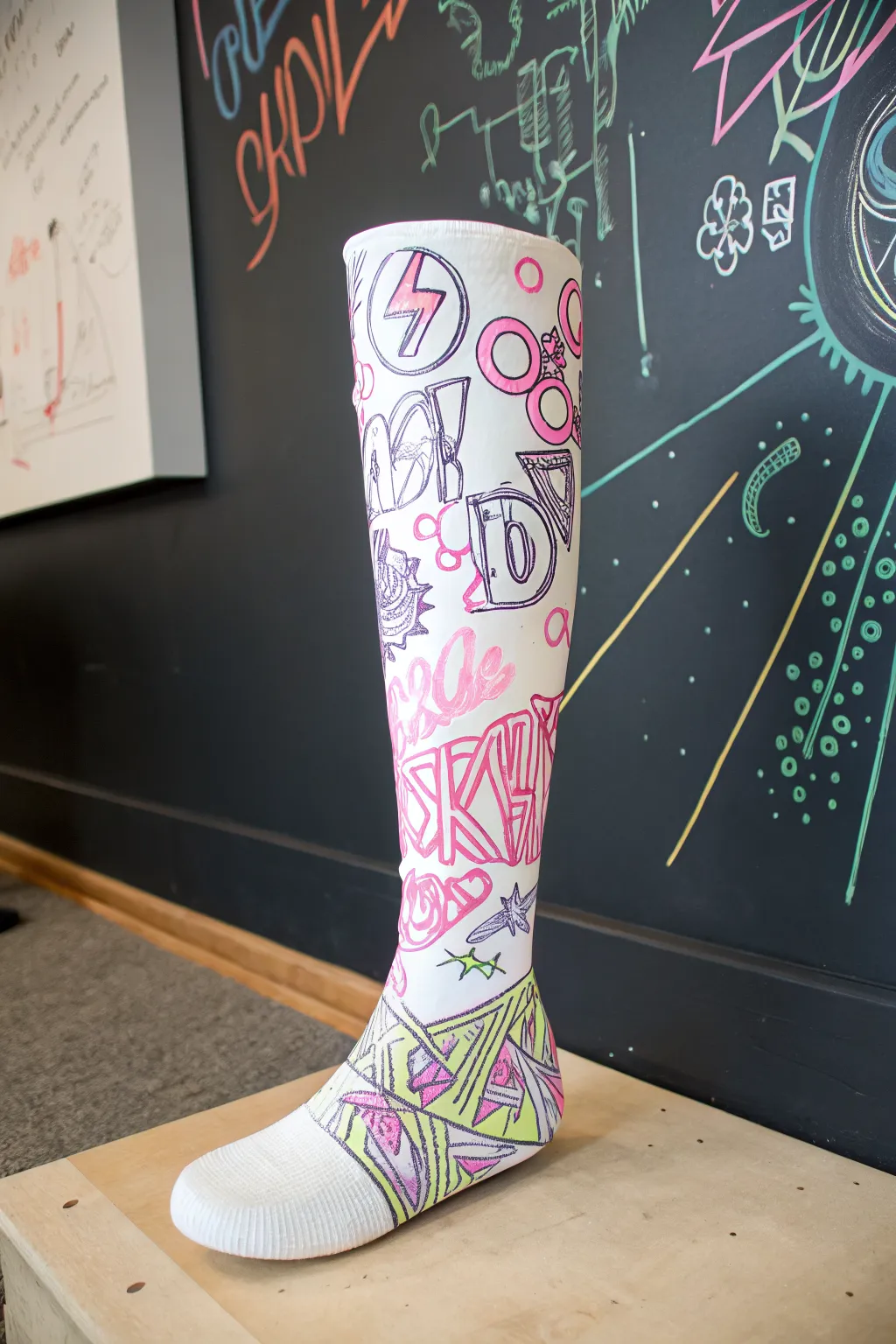 Neon doodle graffiti turns a plain leg cast into a bold, uplifting drawing idea today
