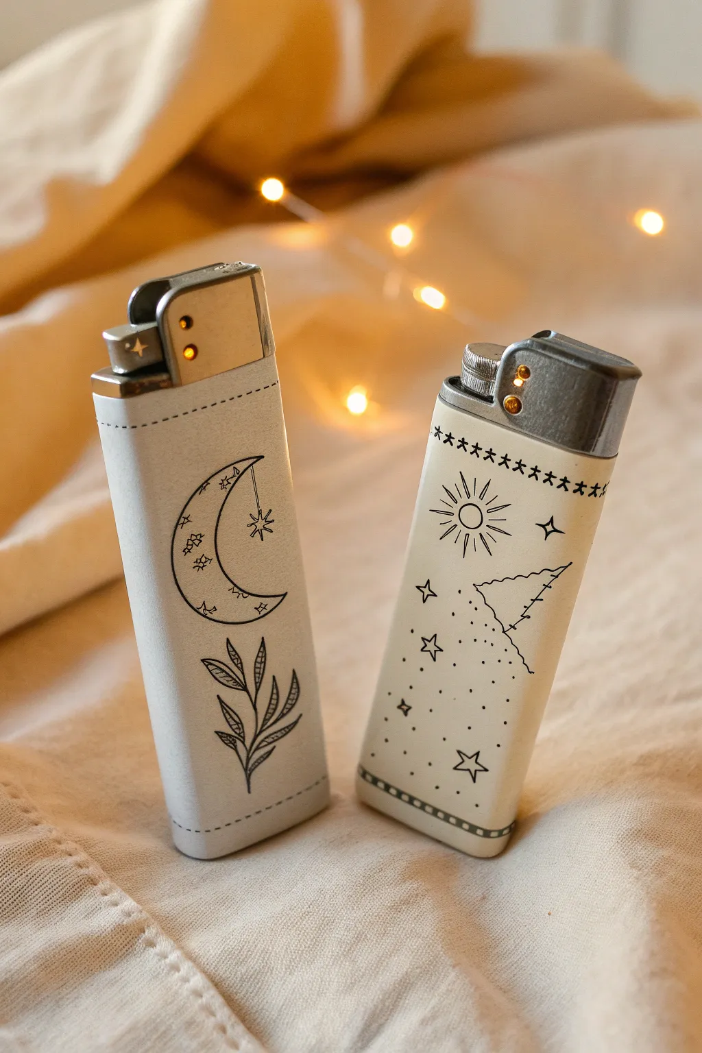 Minimal star-line lighter art with glow-layer accents, shown in daylight and low light for night pop