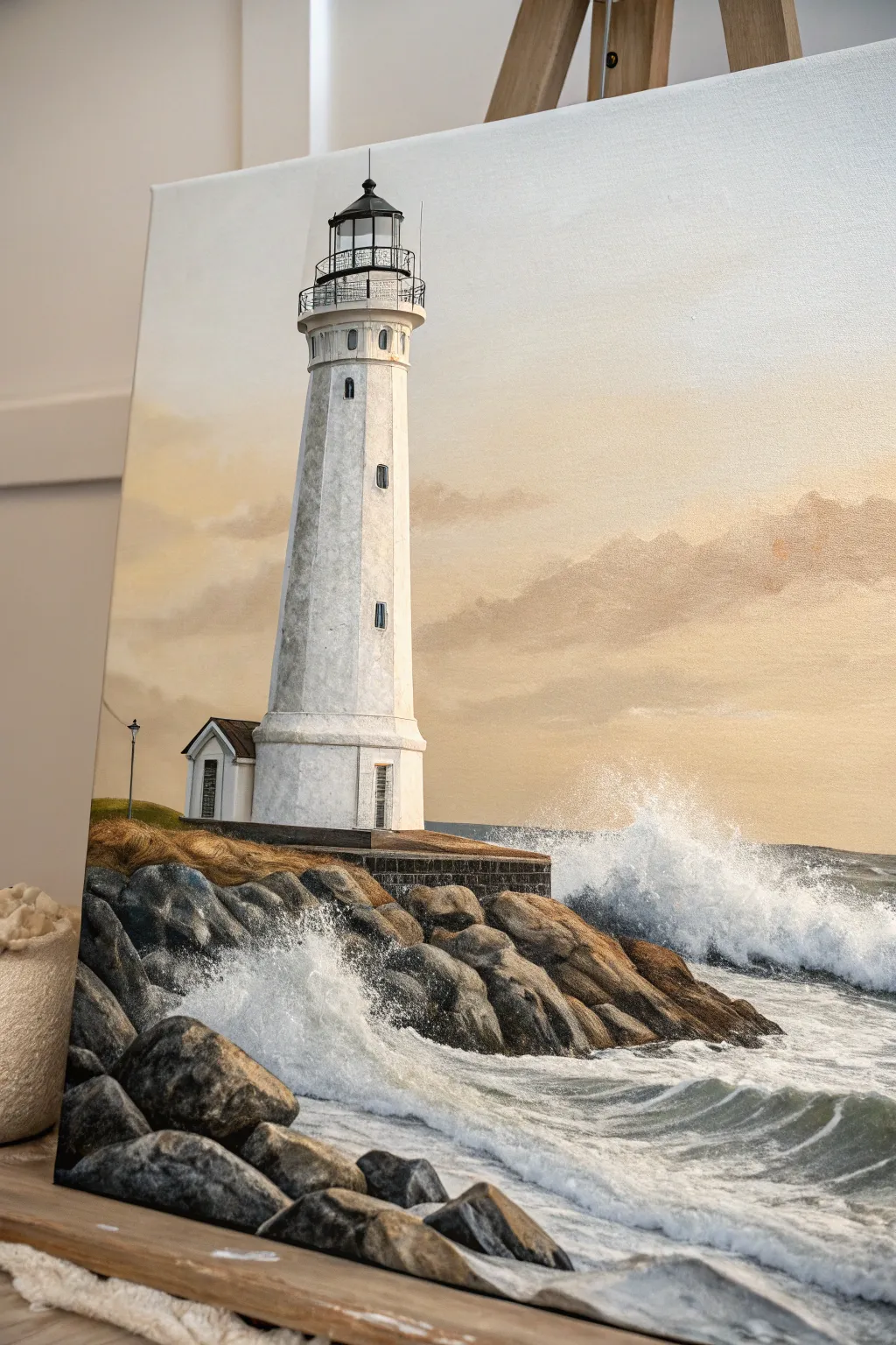 Smooth lighthouse above palette-knife impasto rocks, crisp contrast and calming coastal minimalism