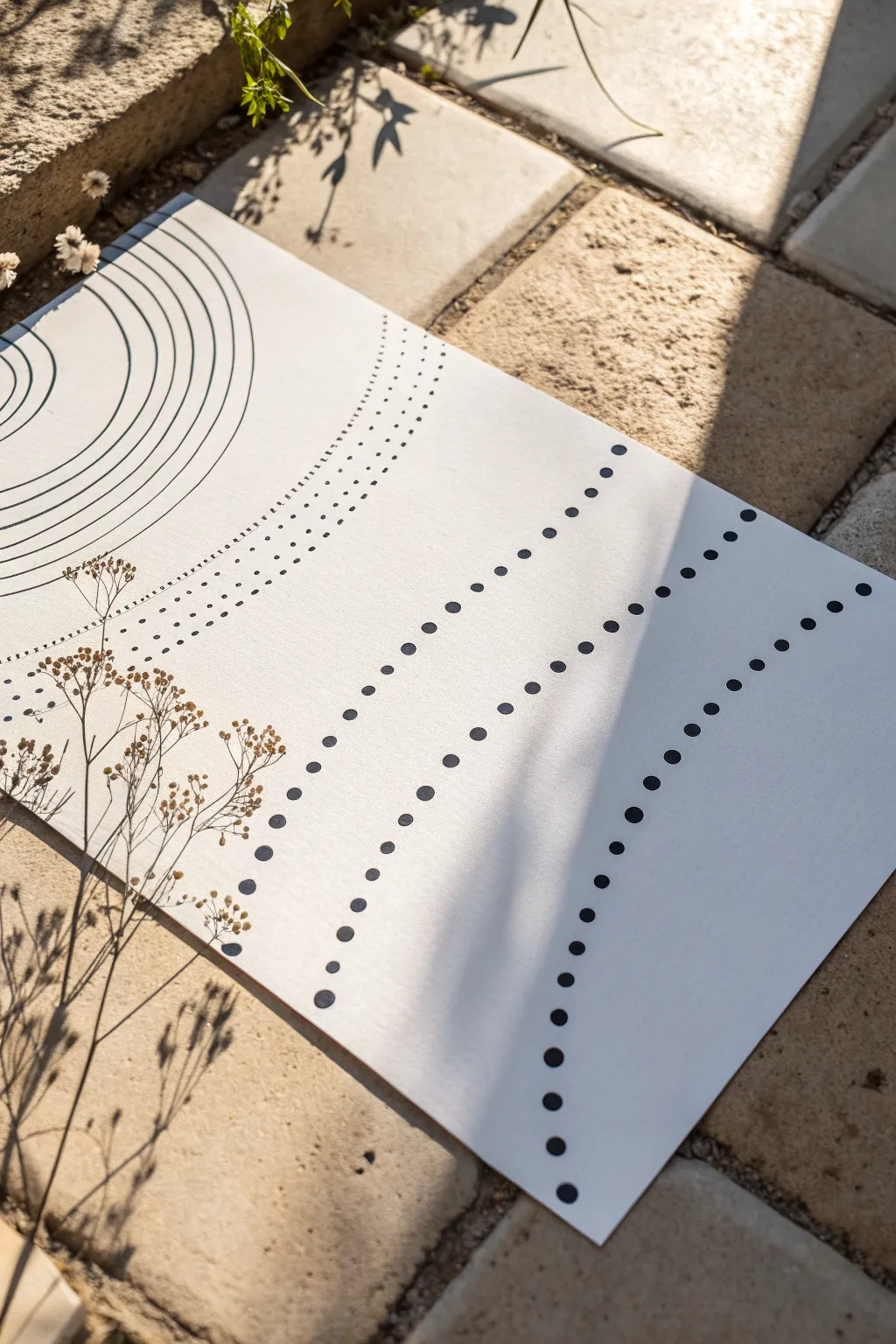 Minimal dot-and-line distortion: smooth horizontal tunnels flowing around scattered dots