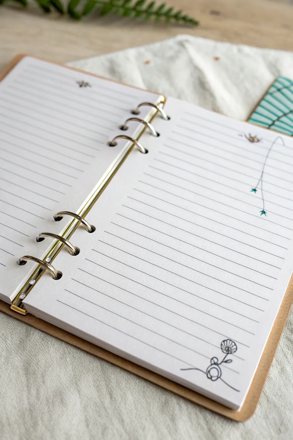 A tiny doodle creature clings to spiral holes, weaving through blue lines for playful depth