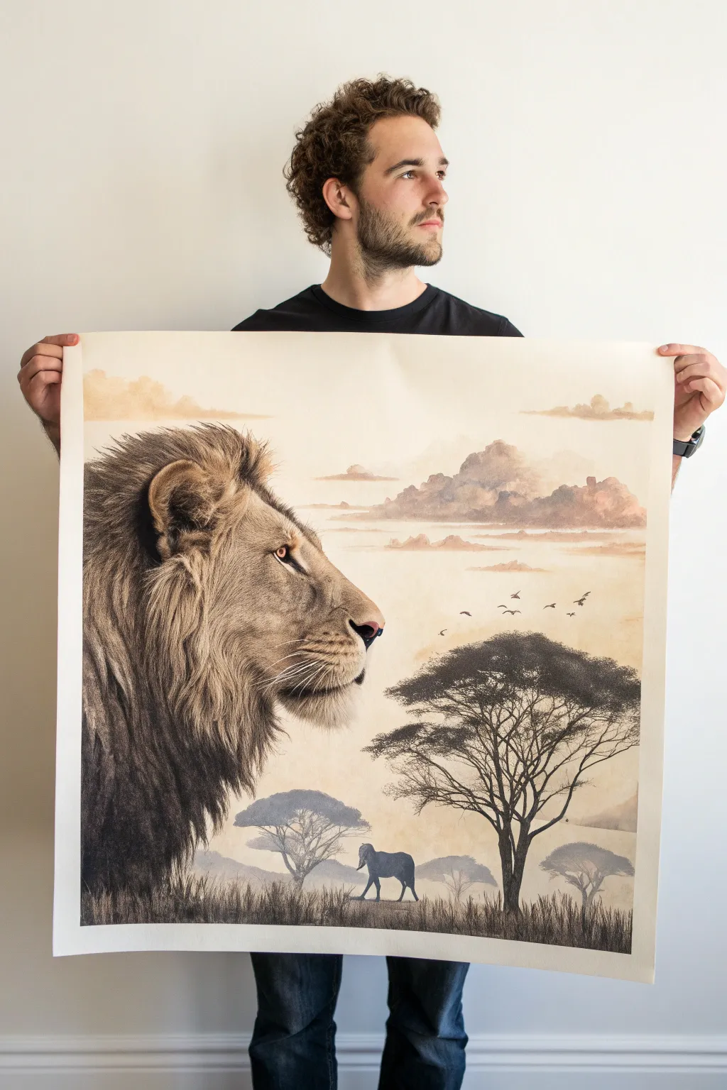 Double-exposure lion silhouette filled with a soft savannah scene for modern minimalist boho art