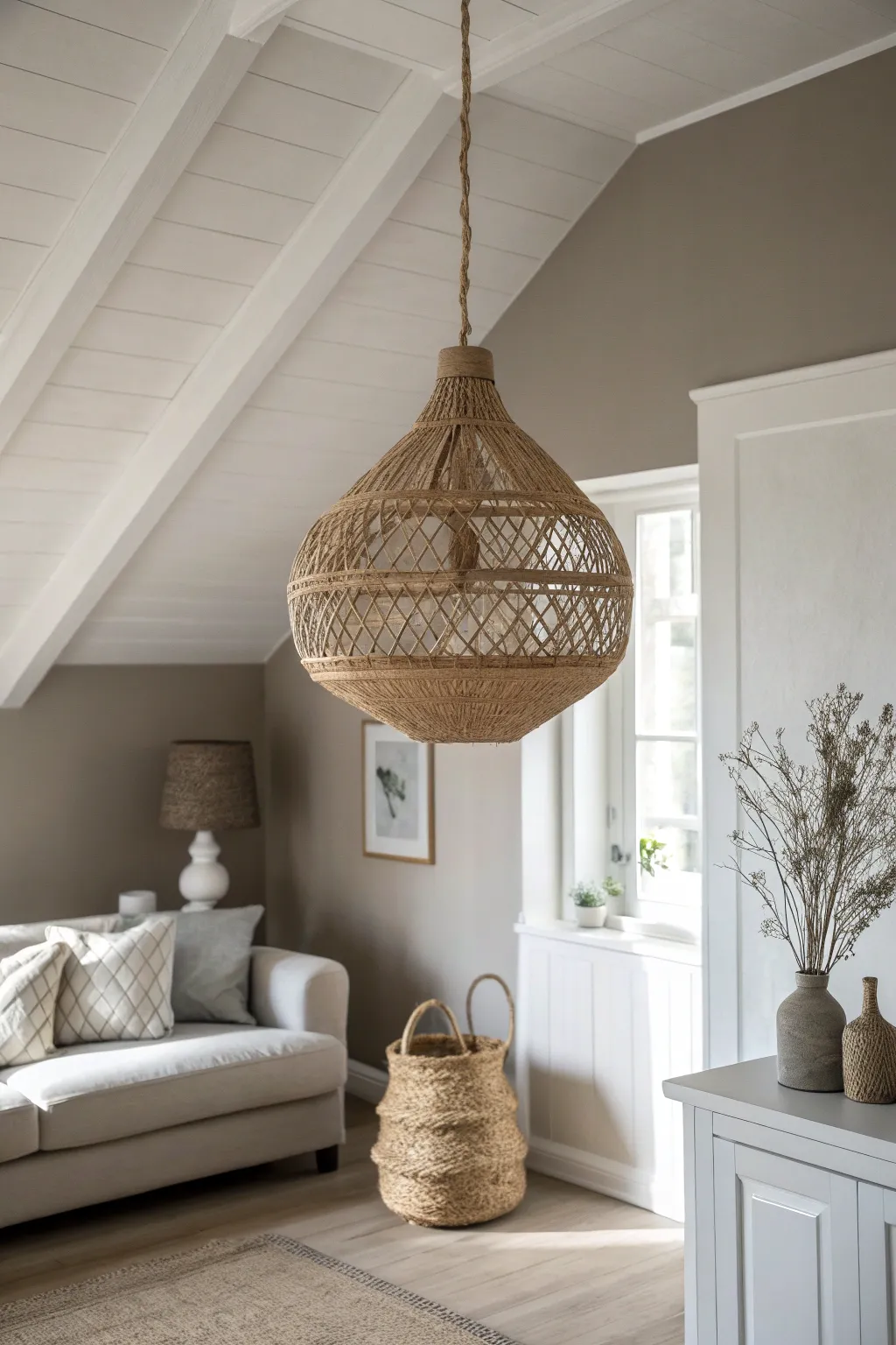A deeper taupe ceiling wraps the living room in a cozy color cocoon with modern, natural calm.